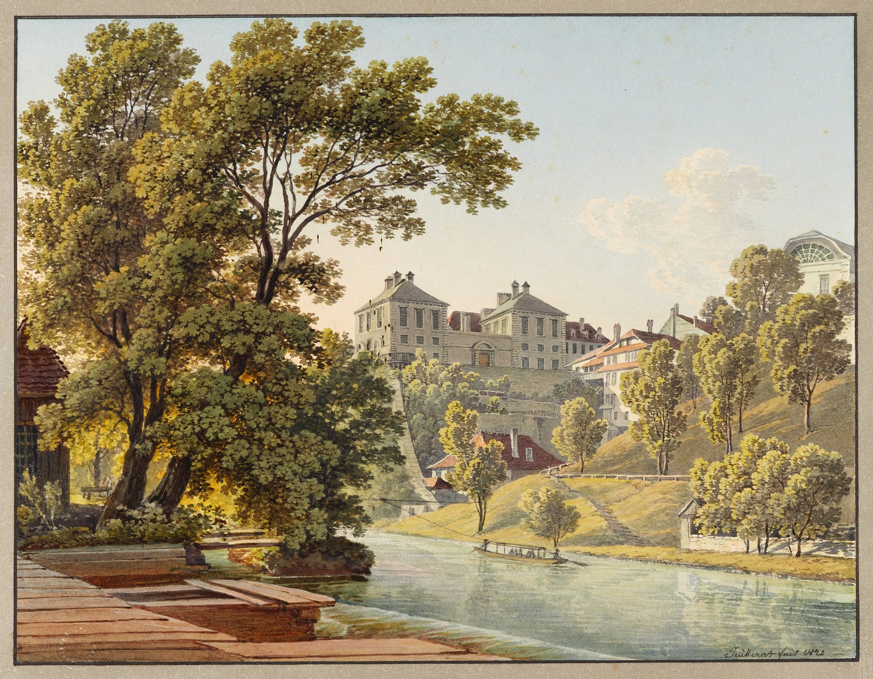 Landscape oil painting by Jacques Henri Juillerat featuring a river and forest