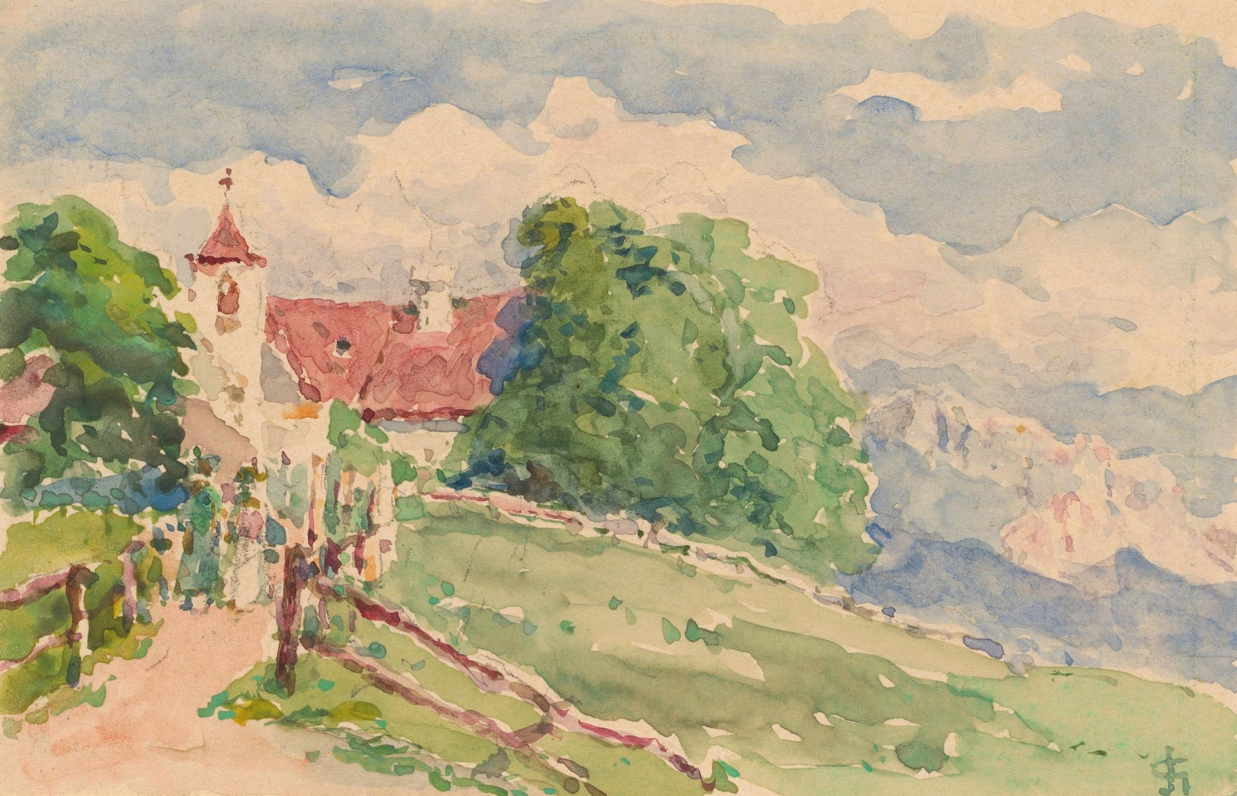 Oberbozen, een smalle weg leidt naar een kerkje op een berghelling, oil on canvas by Carel Nicolaas Storm van 's-Gravesande