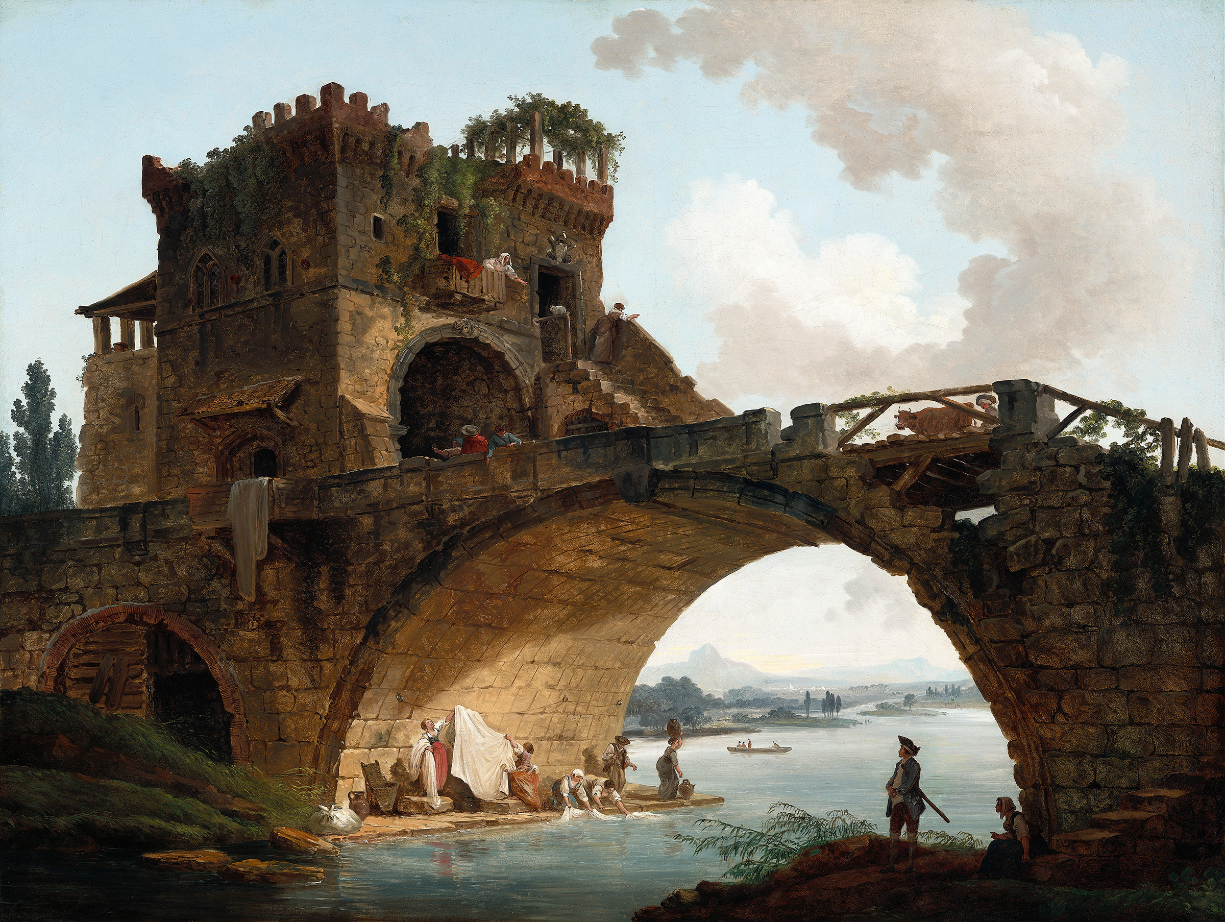 The Ponte Salario by Hubert Robert, oil on canvas, featuring a bridge surrounded by nature and sunlight.
