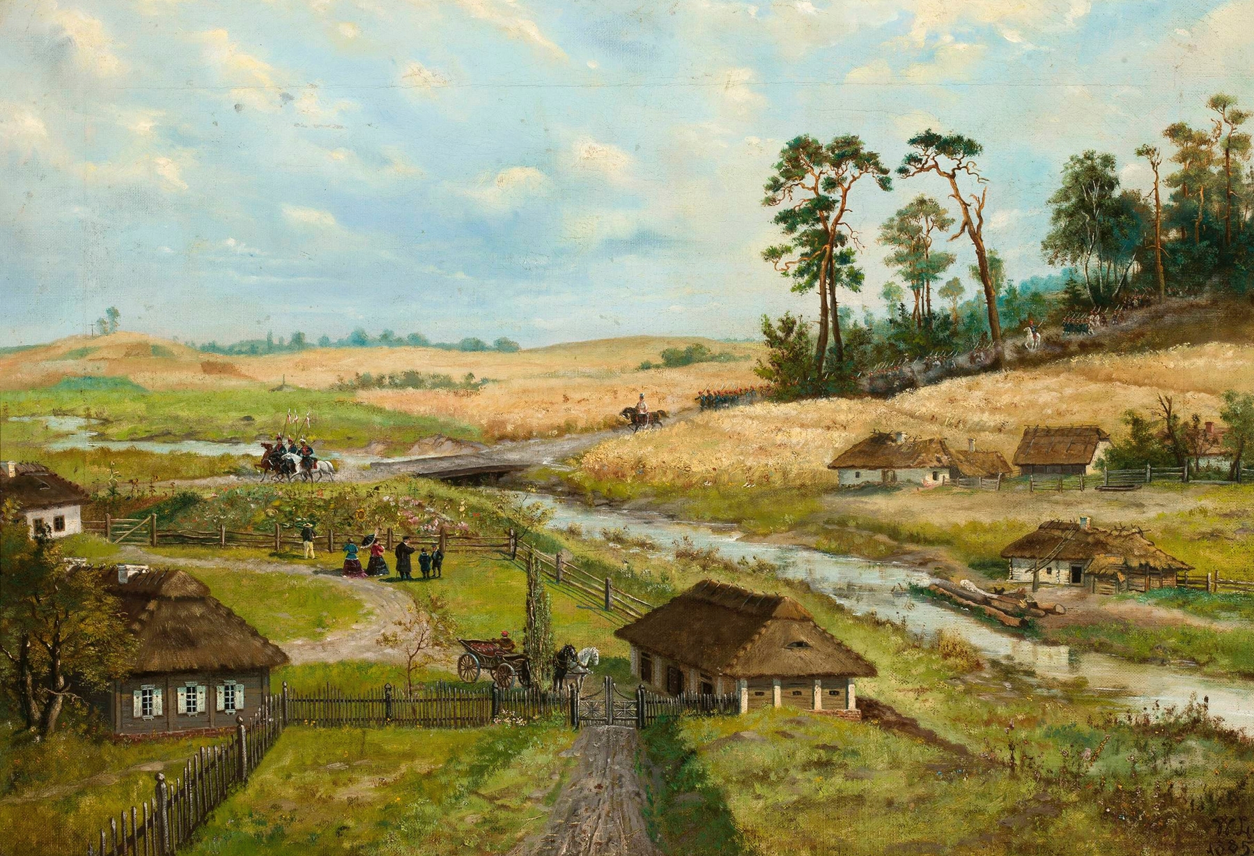 Kościuszko’s troops march through a village, oil on canvas by Wilhelm Leopolski