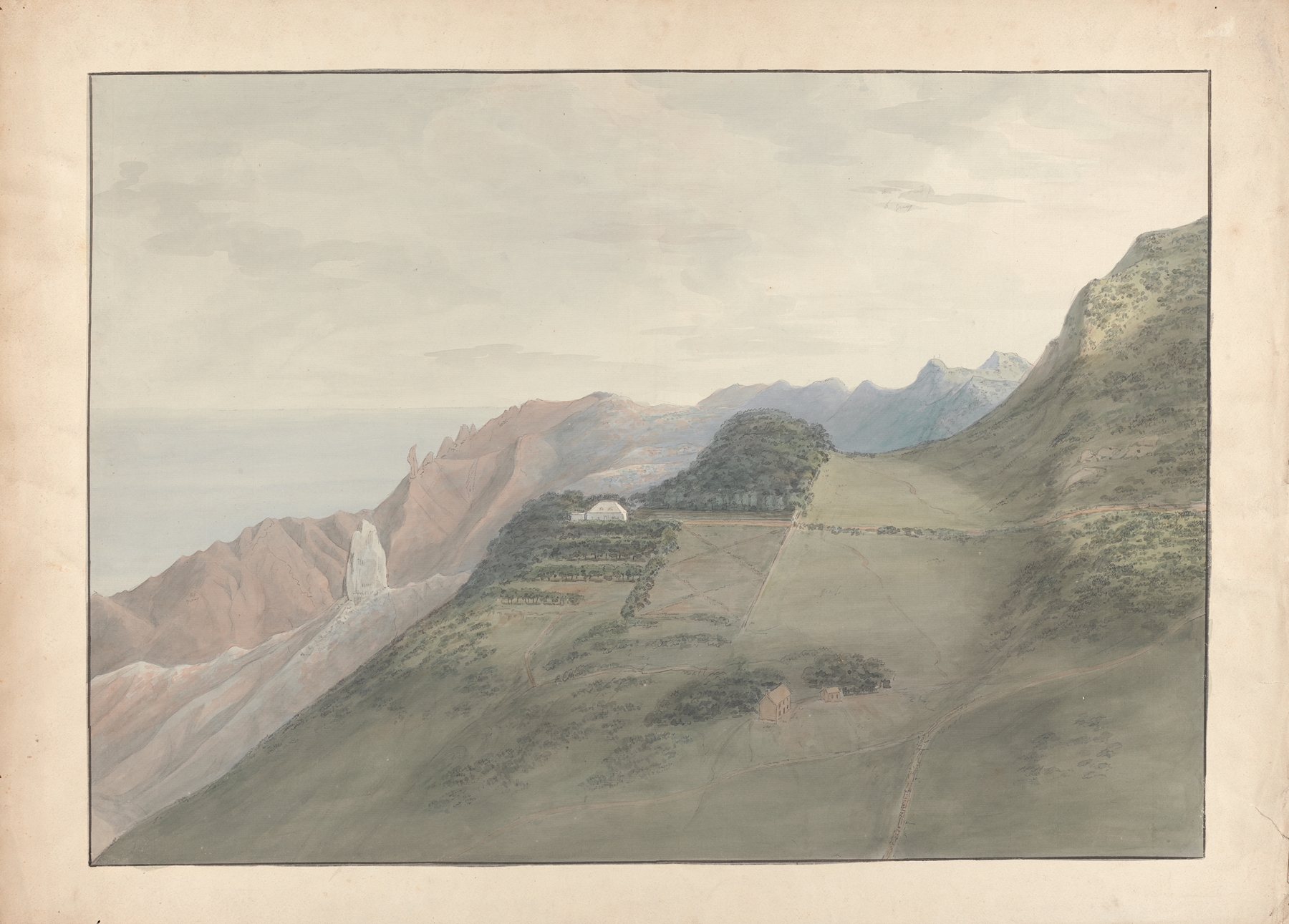 Landscape of green hills under a blue sky, oil on canvas by Samuel Davis