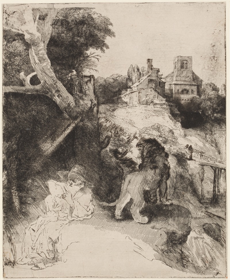 Rembrandt's 'St. Jerome in an Italian Landscape' features a serene scene with rich colors.