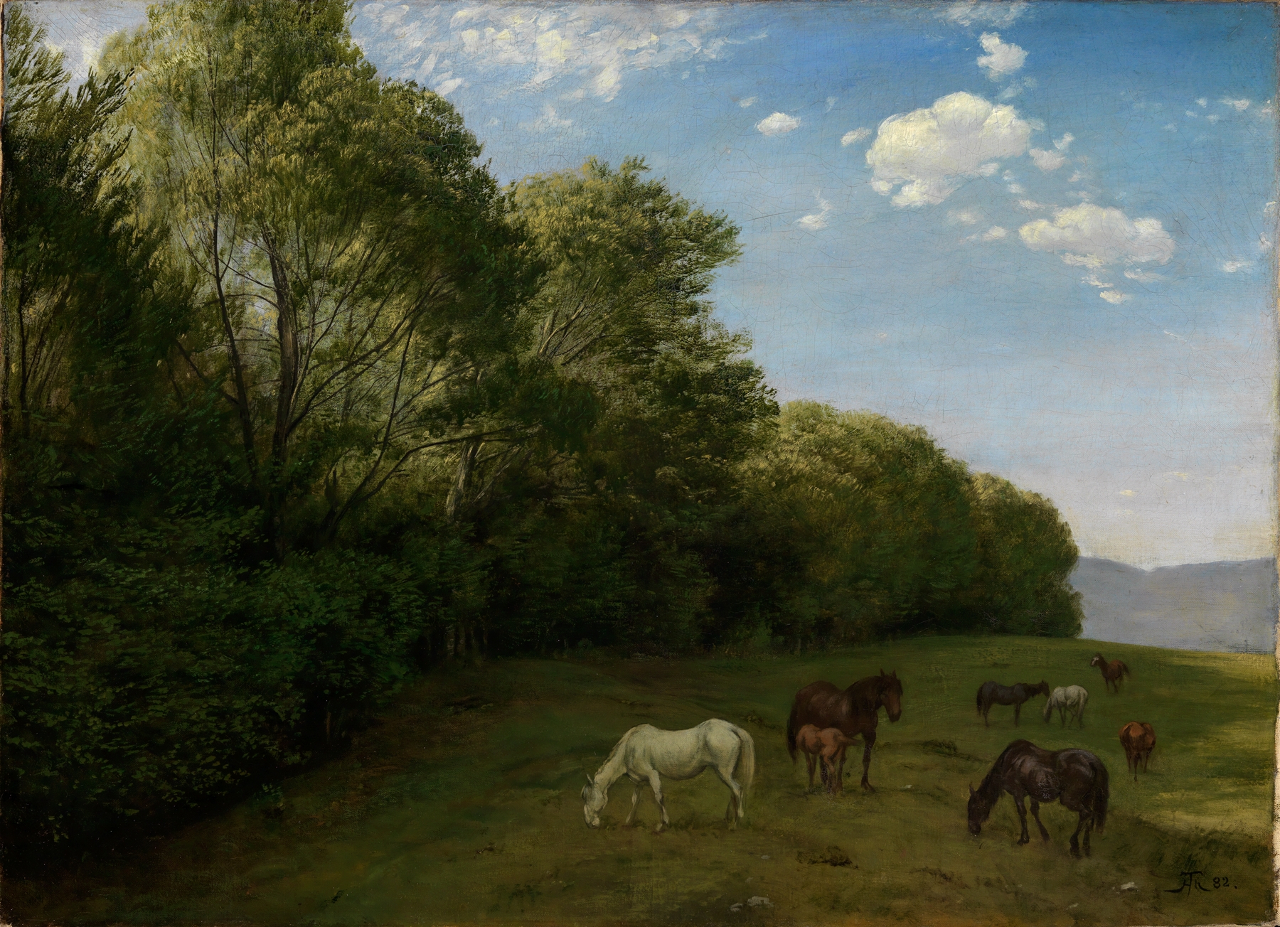 Landschaft mit weidenden Pferden by Hans Thoma, oil on canvas depicting horses in a tranquil landscape.