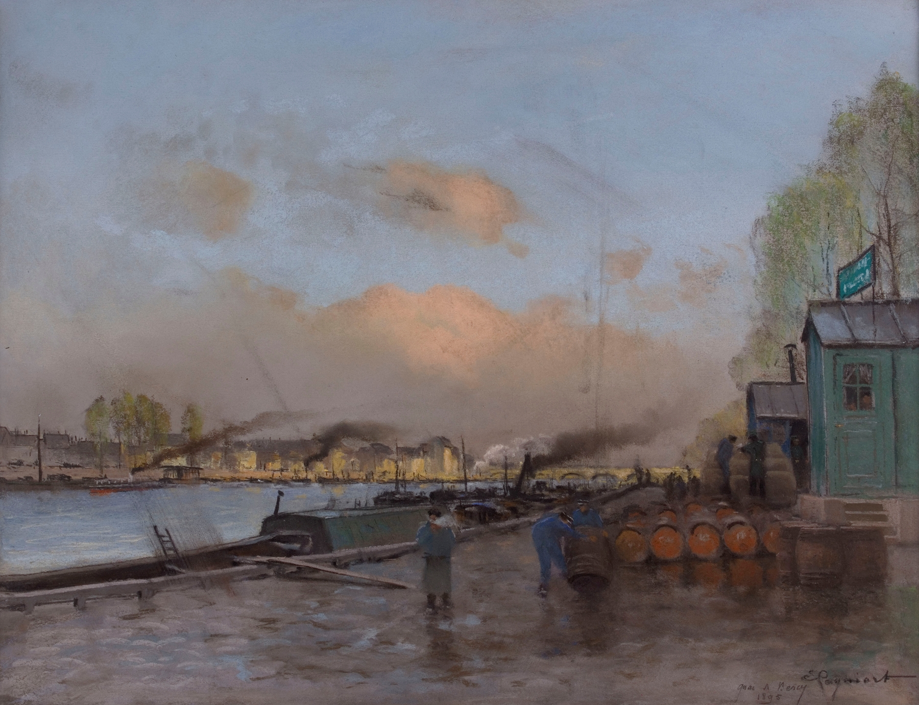 Landscape of Le quai de Bercy by Emile Cagniart, oil painting depicting a sunset over the River Seine.