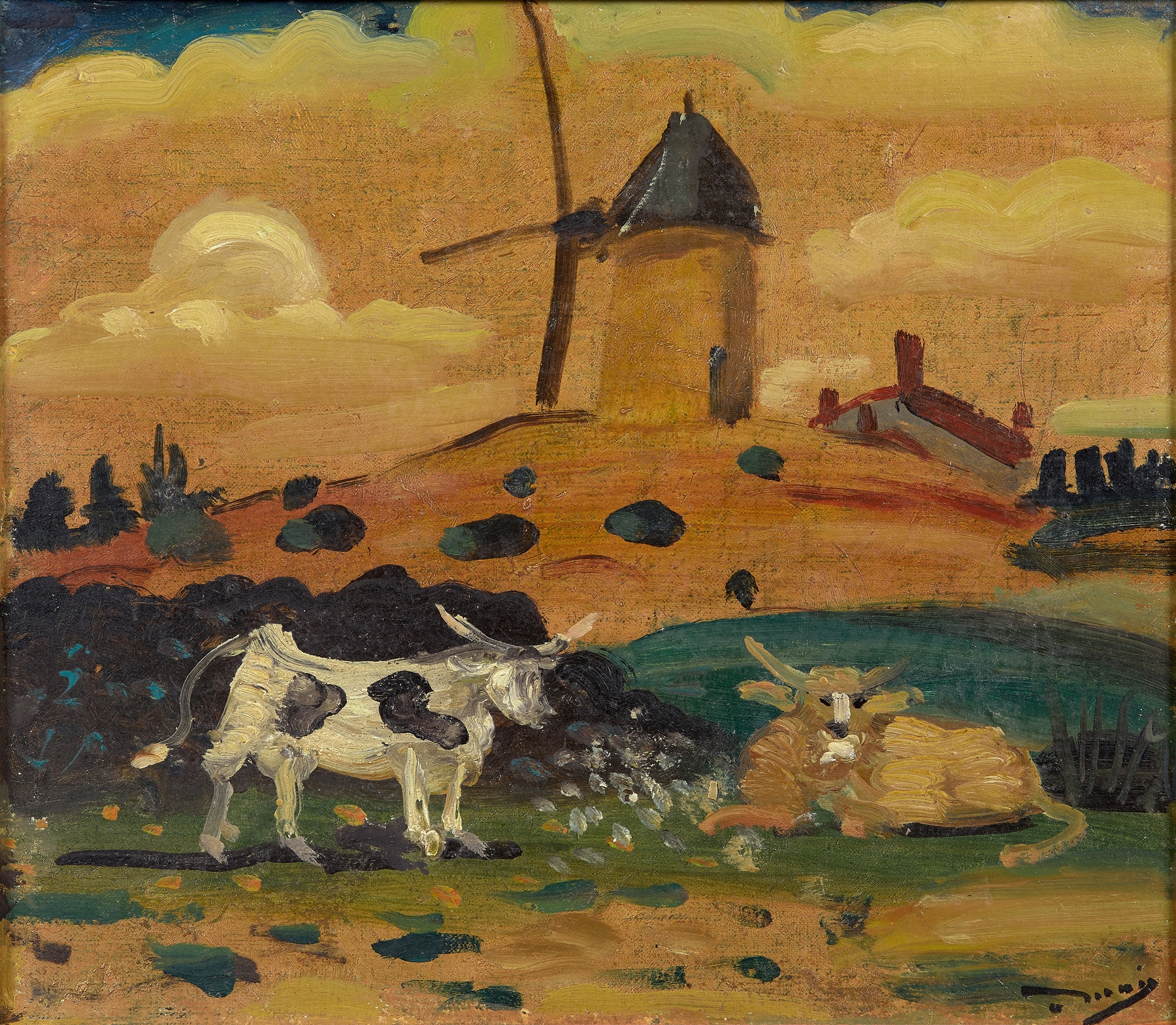 Moulin et deux vaches by André Derain, depicting cows under a vibrant sky, unknown medium