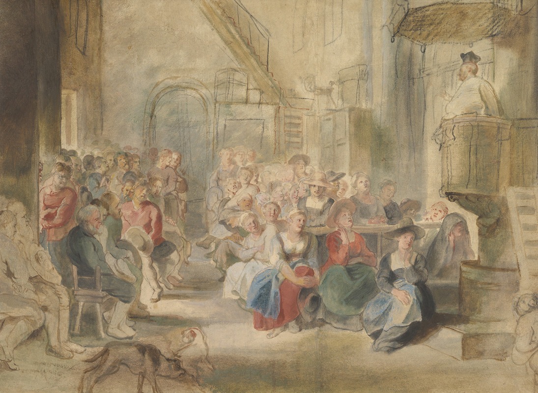 A Sermon in a Village Church depicts a lively church scene with a preacher addressing a crowd.