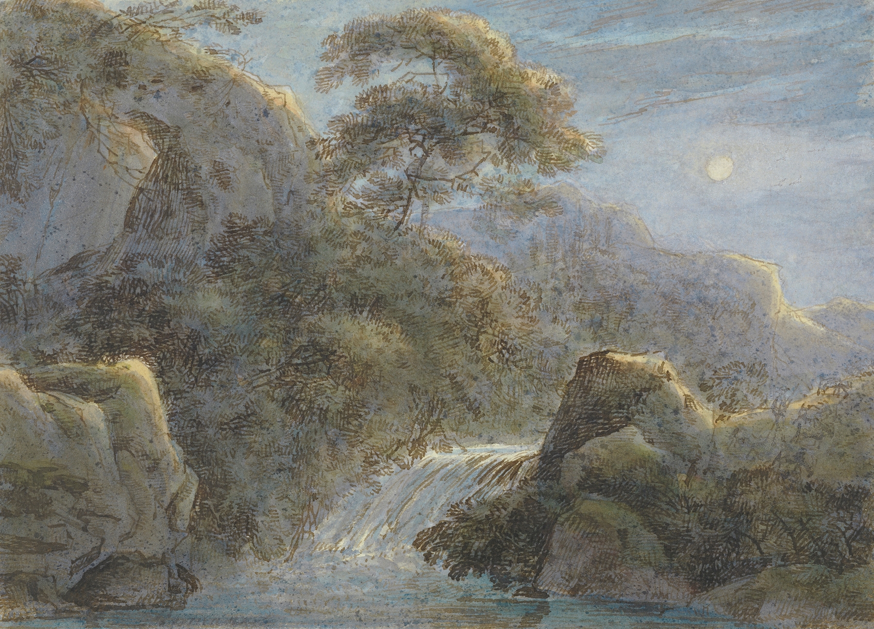 Waterfall in the Mountains by Moonlight, by Franz Kobell, public domain