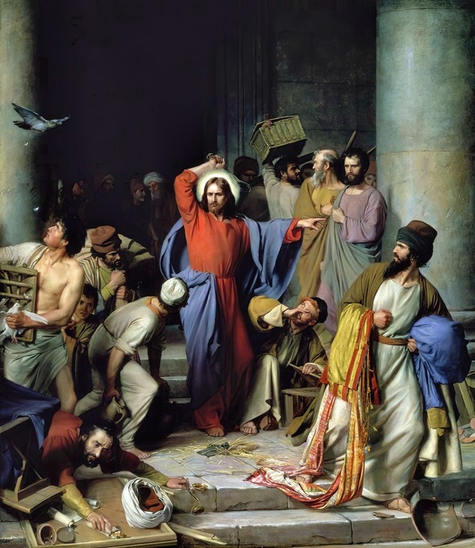 Carl Bloch's 'Casting out the Money Changers' depicts a dramatic biblical scene.