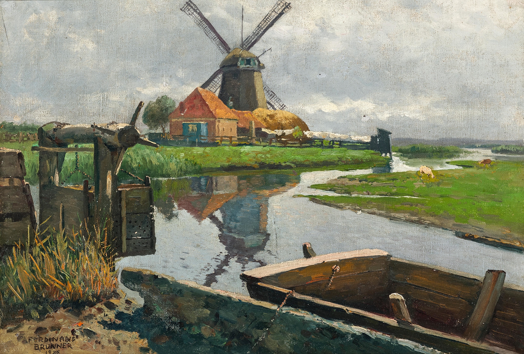 A Dutch windmill by the stream, by Ferdinand Brunner, public domain