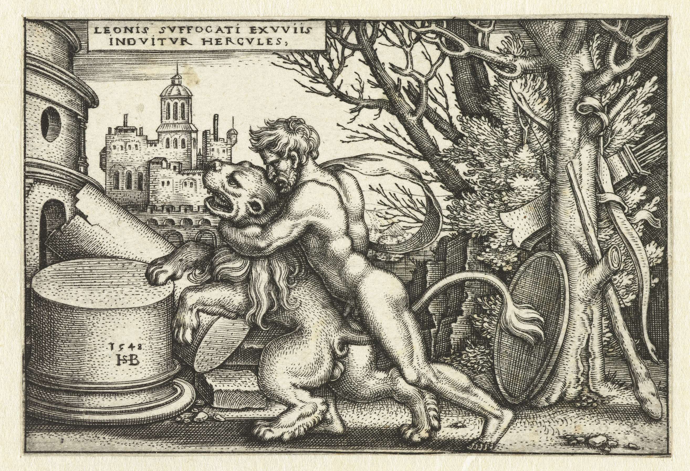 Hercules in gevecht met de Nemeïsche leeuw, by Hans Sebald Beham, public domain