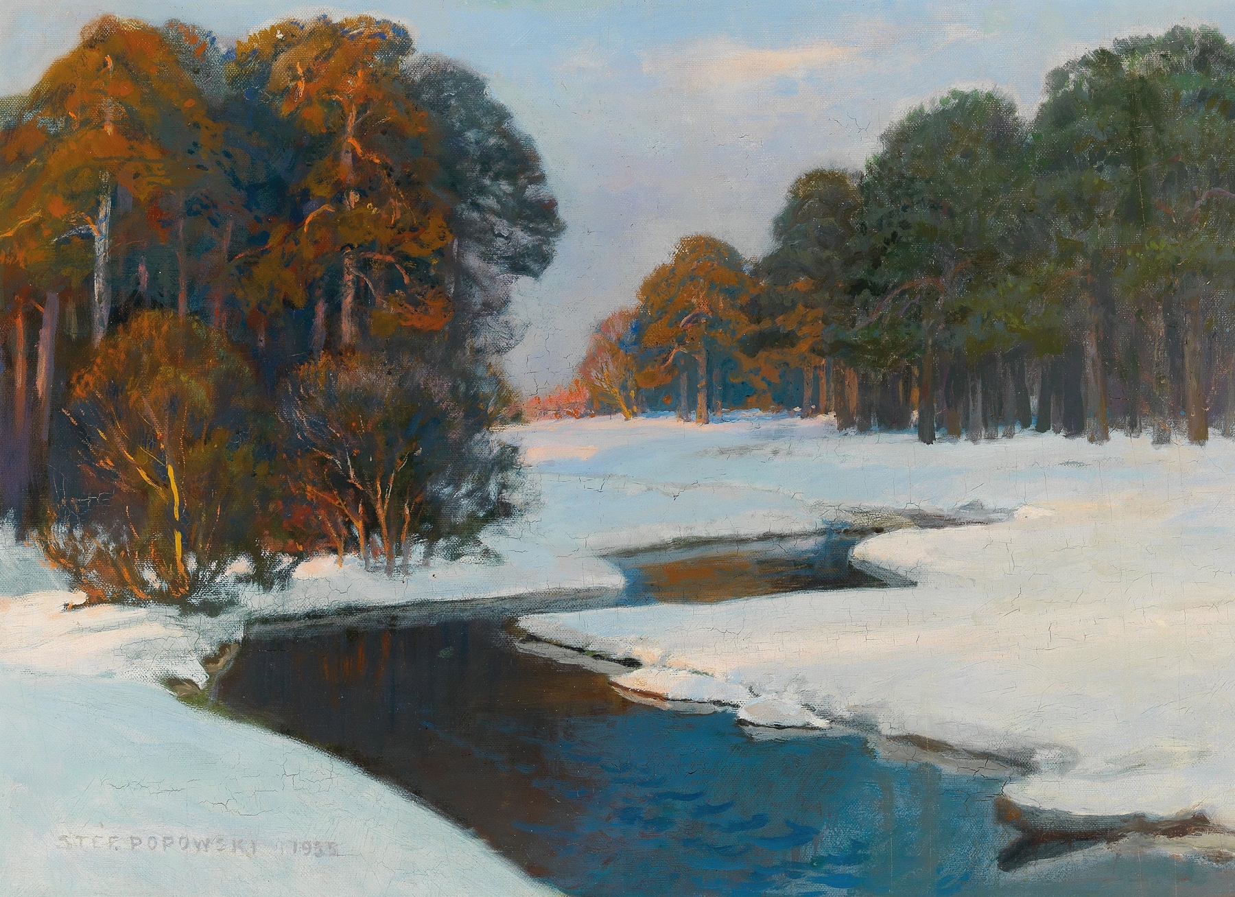 Winter landscape in evening light, oil on canvas by Stefan Popowski