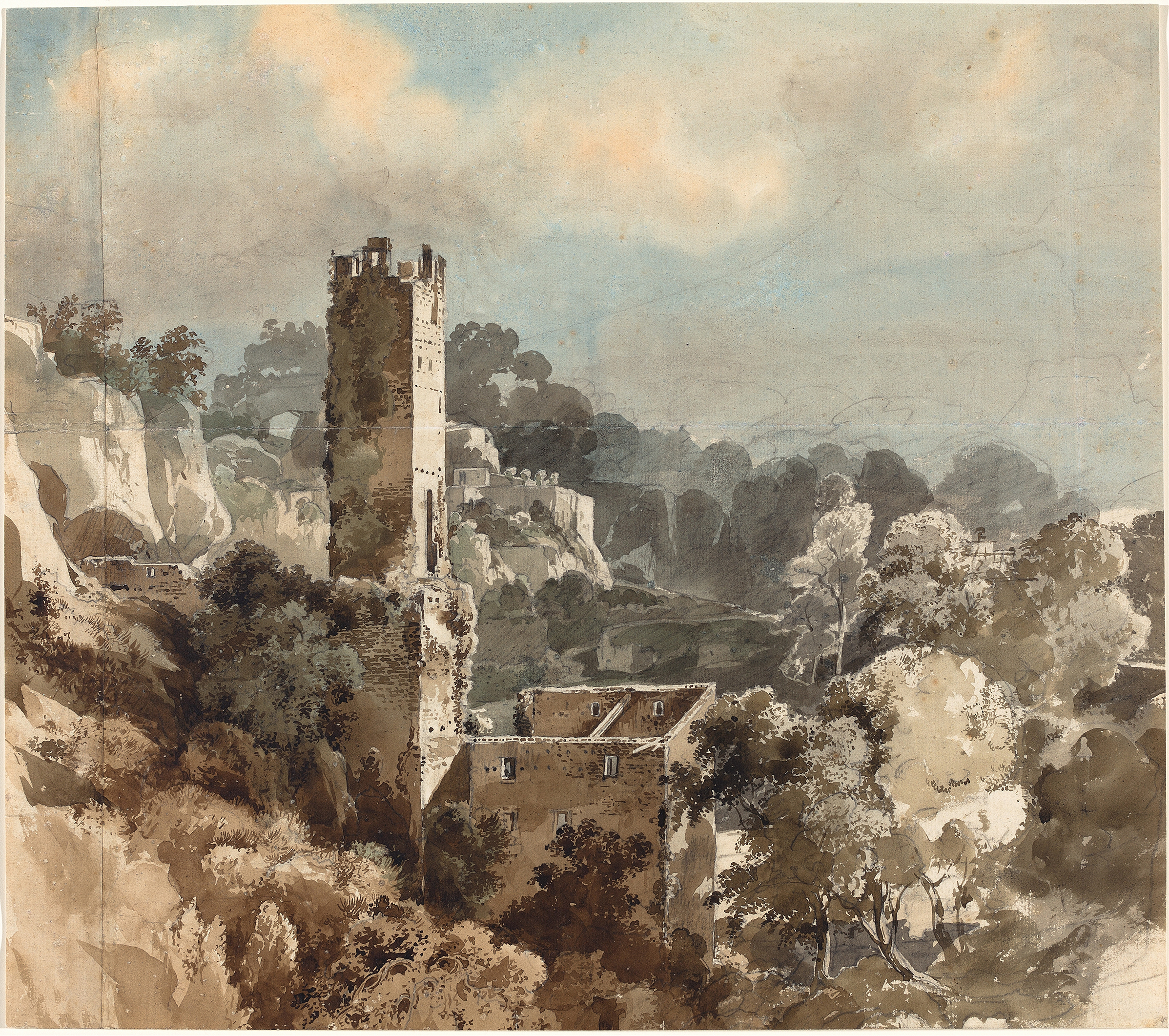 Ruins of a fortified tower among wooded hills, oil on canvas by Friedrich Salathé