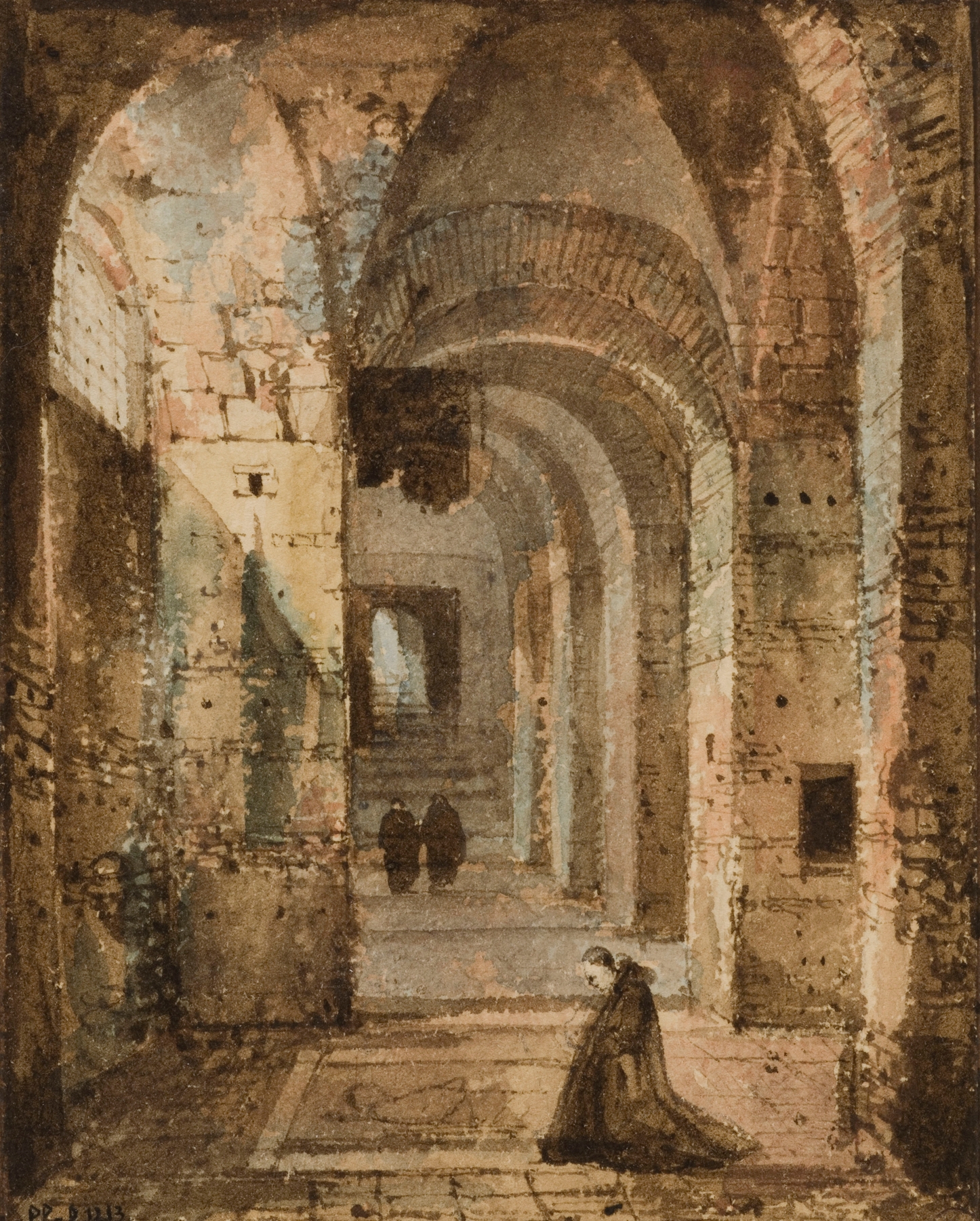 Figurative scene of a kneeling hermit in robes by François-Marius Granet, oil painting