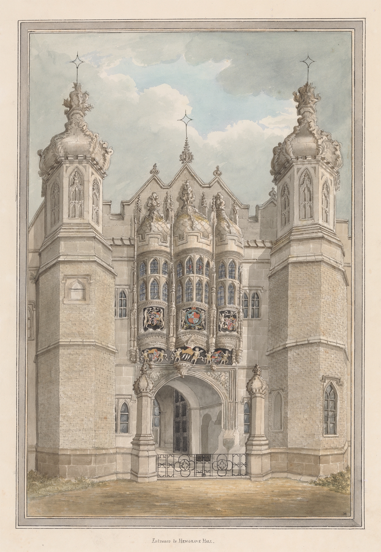 The Entrance to Hengrave Hall by Anna Mills, oil painting depicting an ornate entrance with foliage.