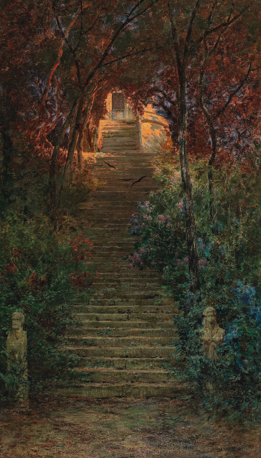Aufgang zur Villa d’Este im Sonnenlicht by Othmar Brioschi, oil on canvas depicting a sunlit garden.