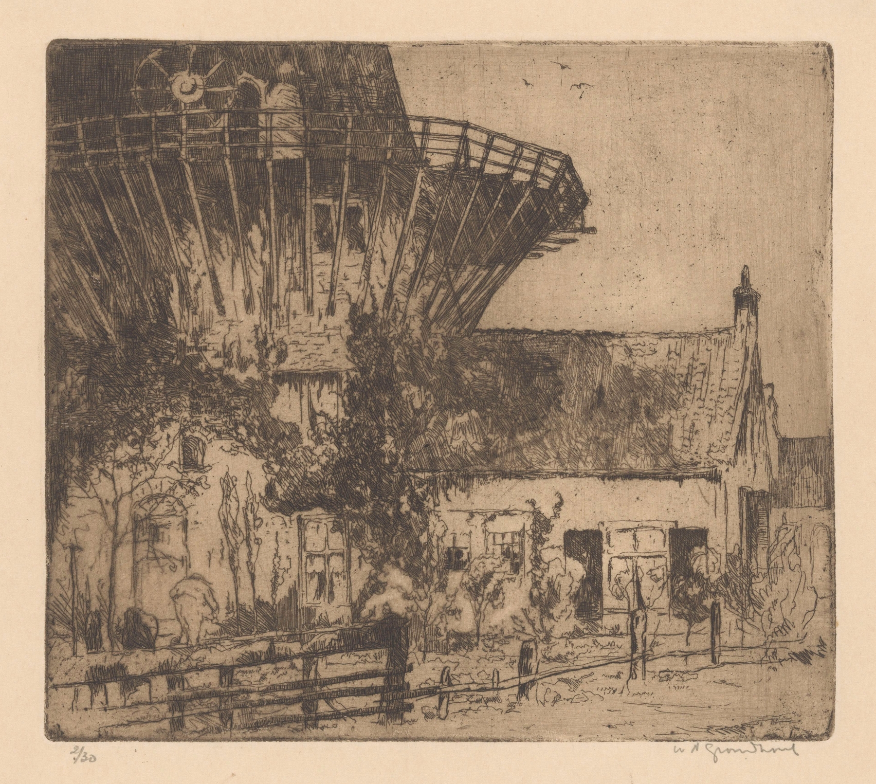 Landscape featuring a house and windmill by Willem Adrianus Grondhout, oil painting