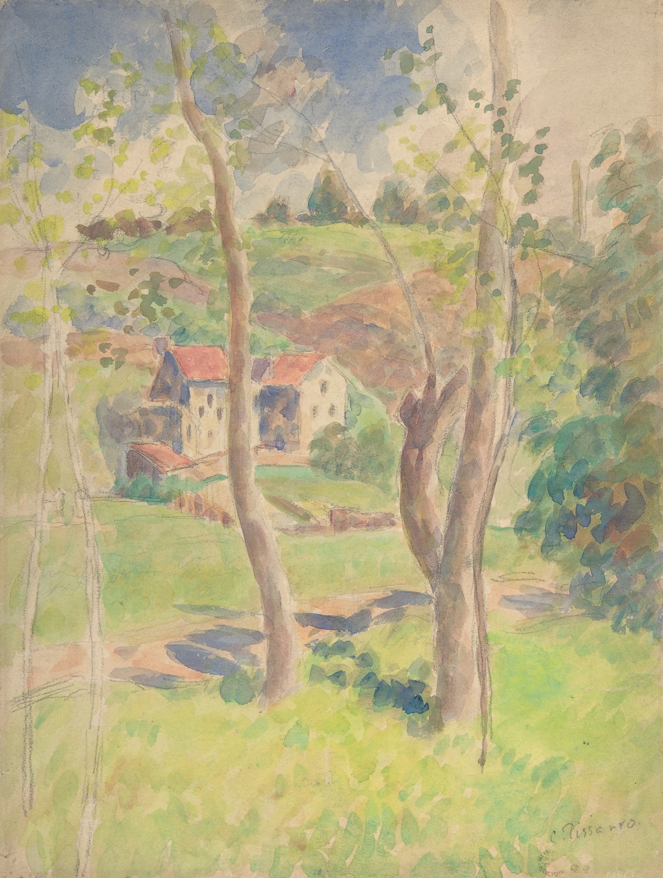 Landscape by Camille Pissarro, oil on canvas, depicting rolling hills and a pastel sky