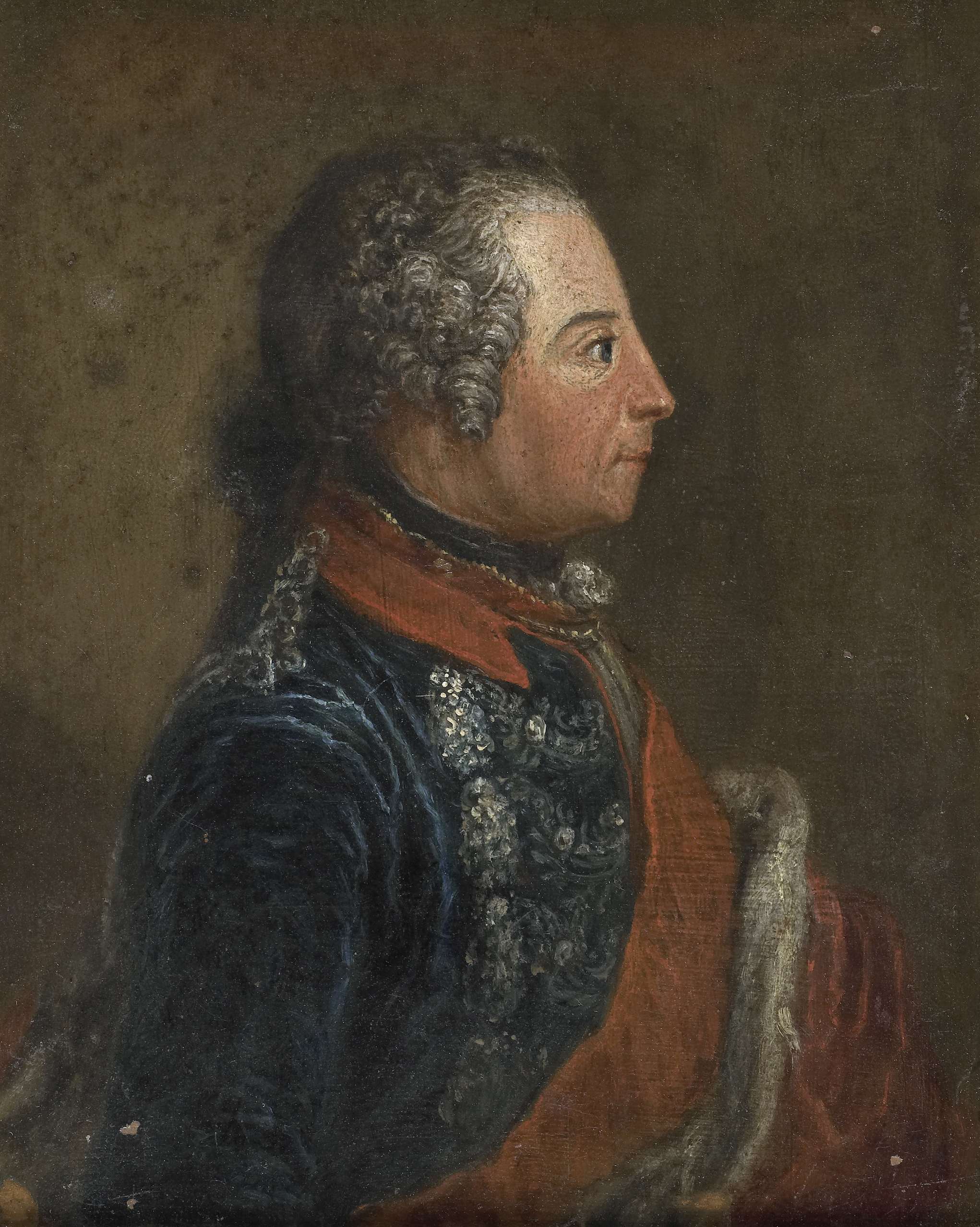Portrait of Frederik II de Grote, king of Prussia, copper medium, unknown artist