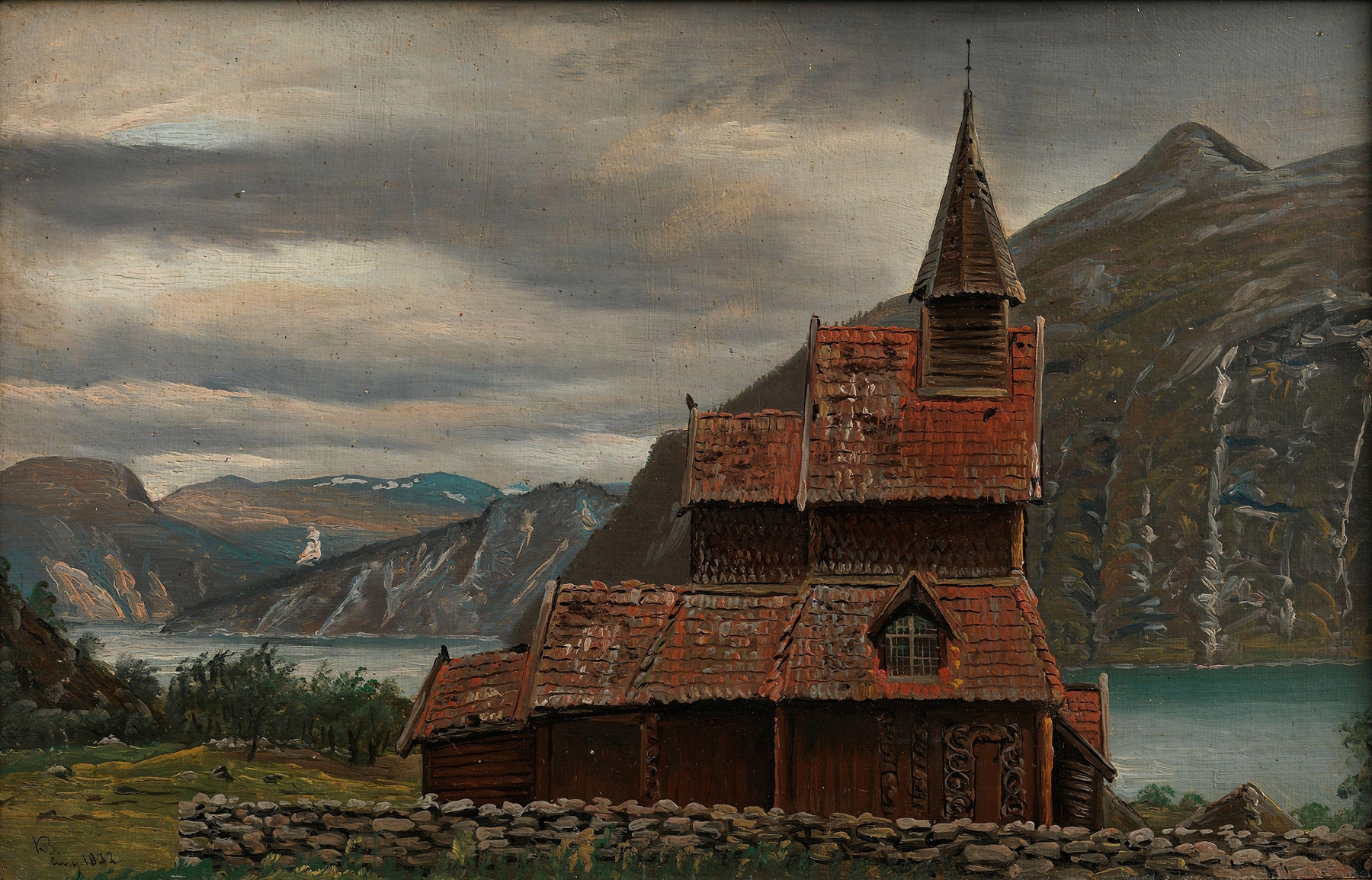 Urnes Stave Church in Sogn by Knud Baade, oil on canvas, featuring wooden carvings and a lush landscape.