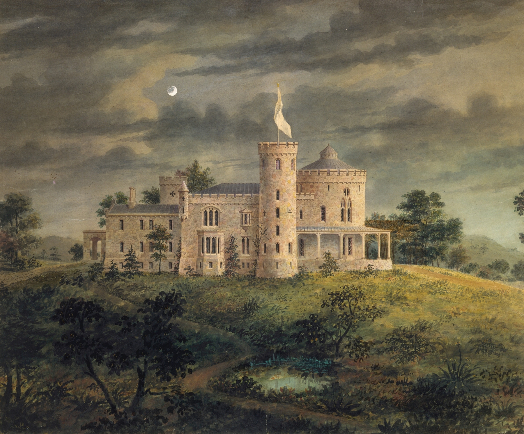 Ericstan, for John J. Herrick, Tarrytown, New York (perspective), by Alexander Jackson Davis, public domain