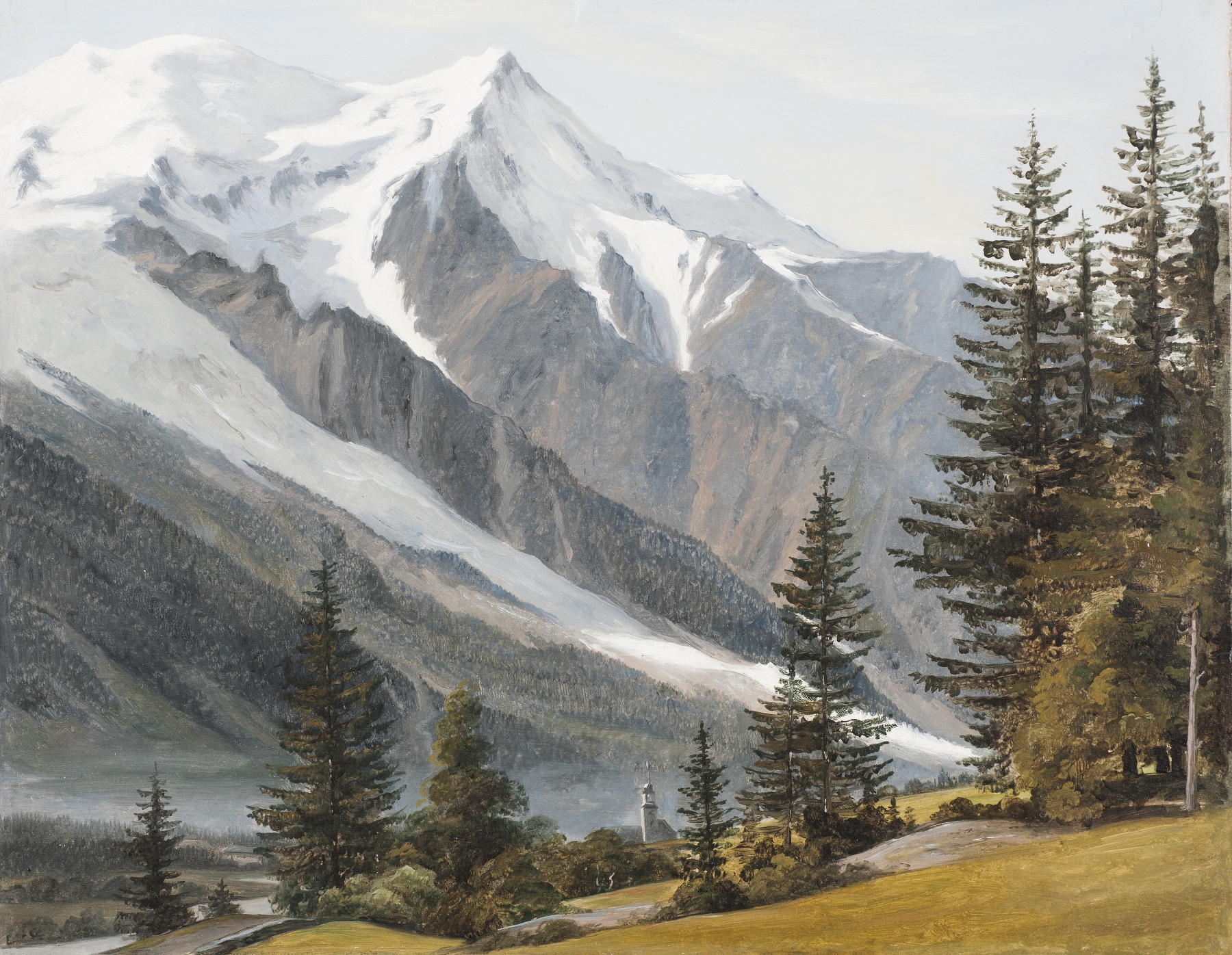 Vy mot Chamonix-Mont-Blanc by Martinus Rørbye, oil painting depicting mountains and sky.