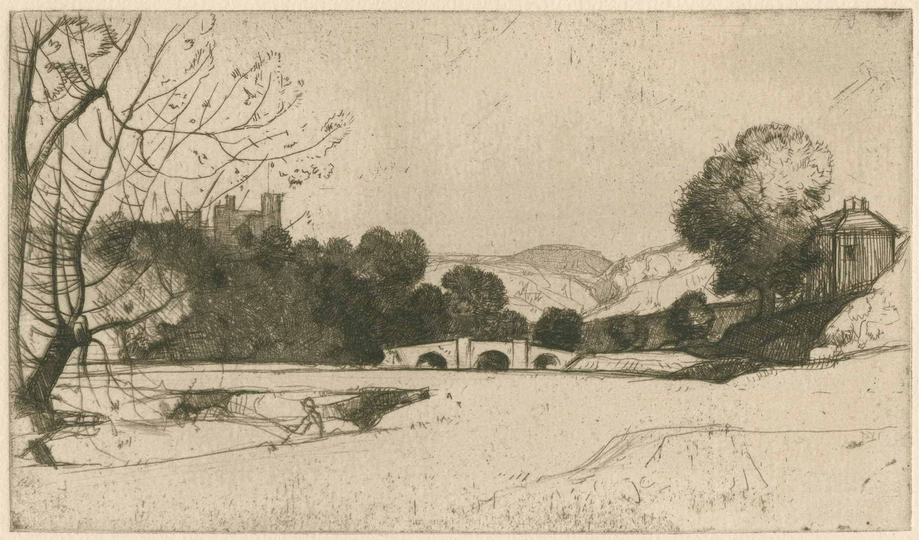 On the Wye at Haddon by David Young Cameron, watercolor on paper depicting a river landscape