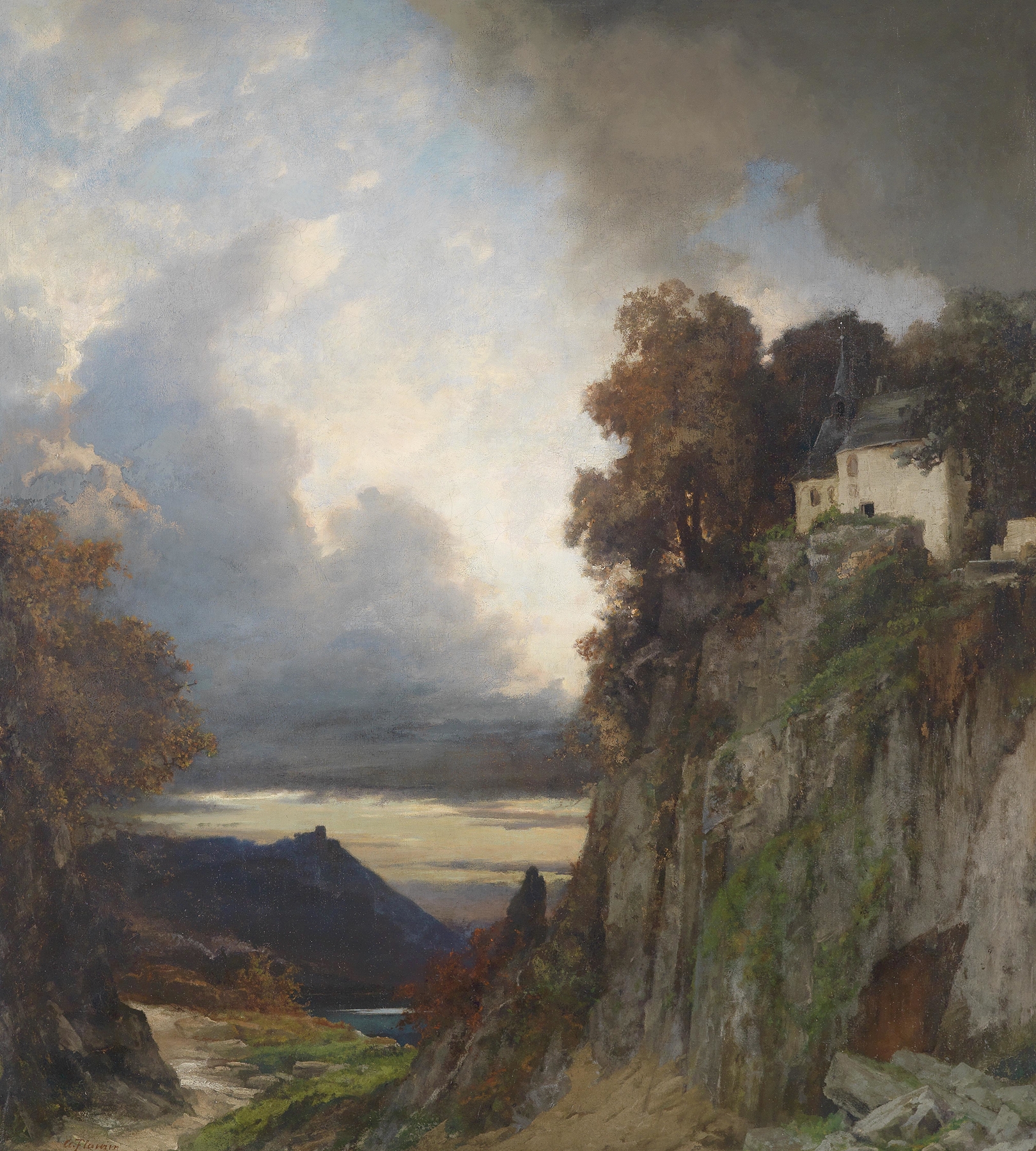 Twilight landscape with river and sunset by Albert Flamm, oil painting