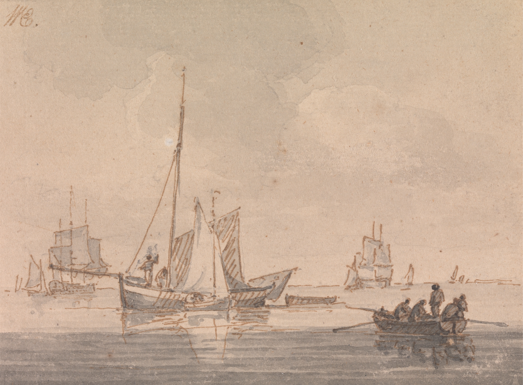 Shipping in a Calm, oil on canvas by Luke Clennell depicting a serene marine scene.