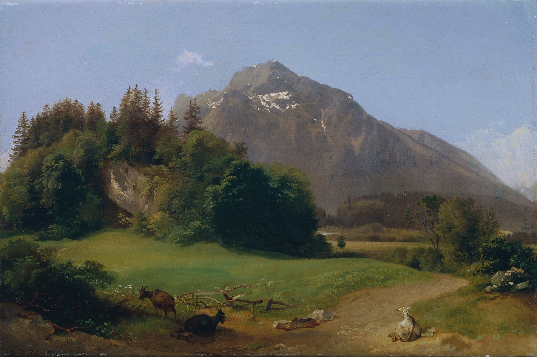 Landscape by Johann Fischbach, 1854, depicting rolling hills and vibrant colors.