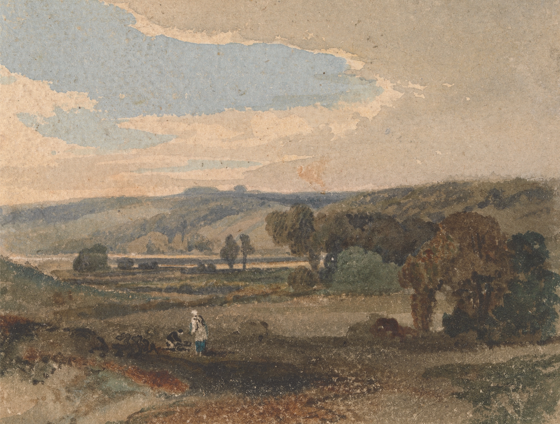 Welsh Landscape by William Havell, oil painting depicting rolling hills and lush greenery.