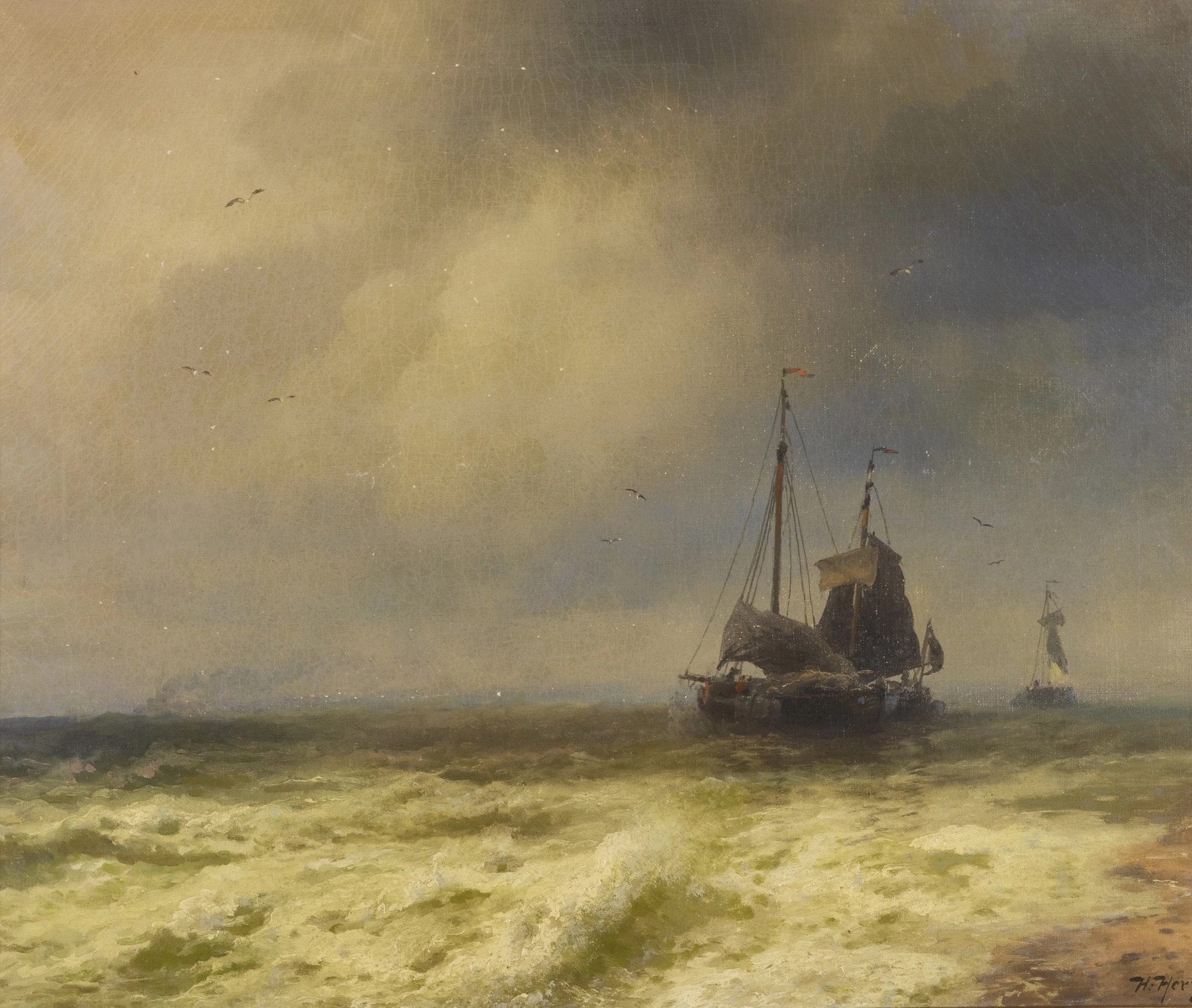 Two Ships By the Shoreline, oil on canvas by Hermann Ottomar Herzog, depicting ships near the shore at sunset.