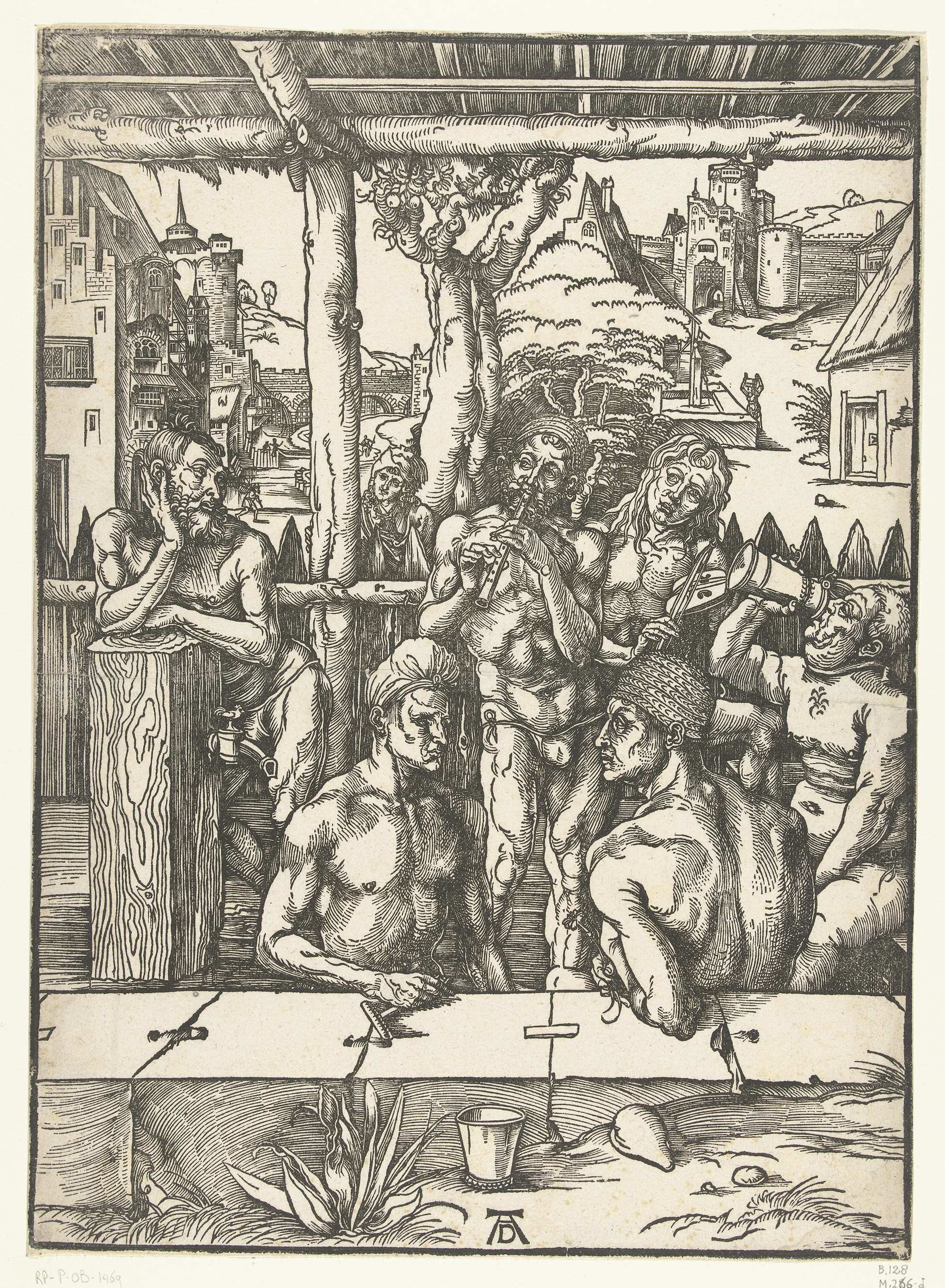 Nude figures bathing in water, etching by Albrecht Dürer