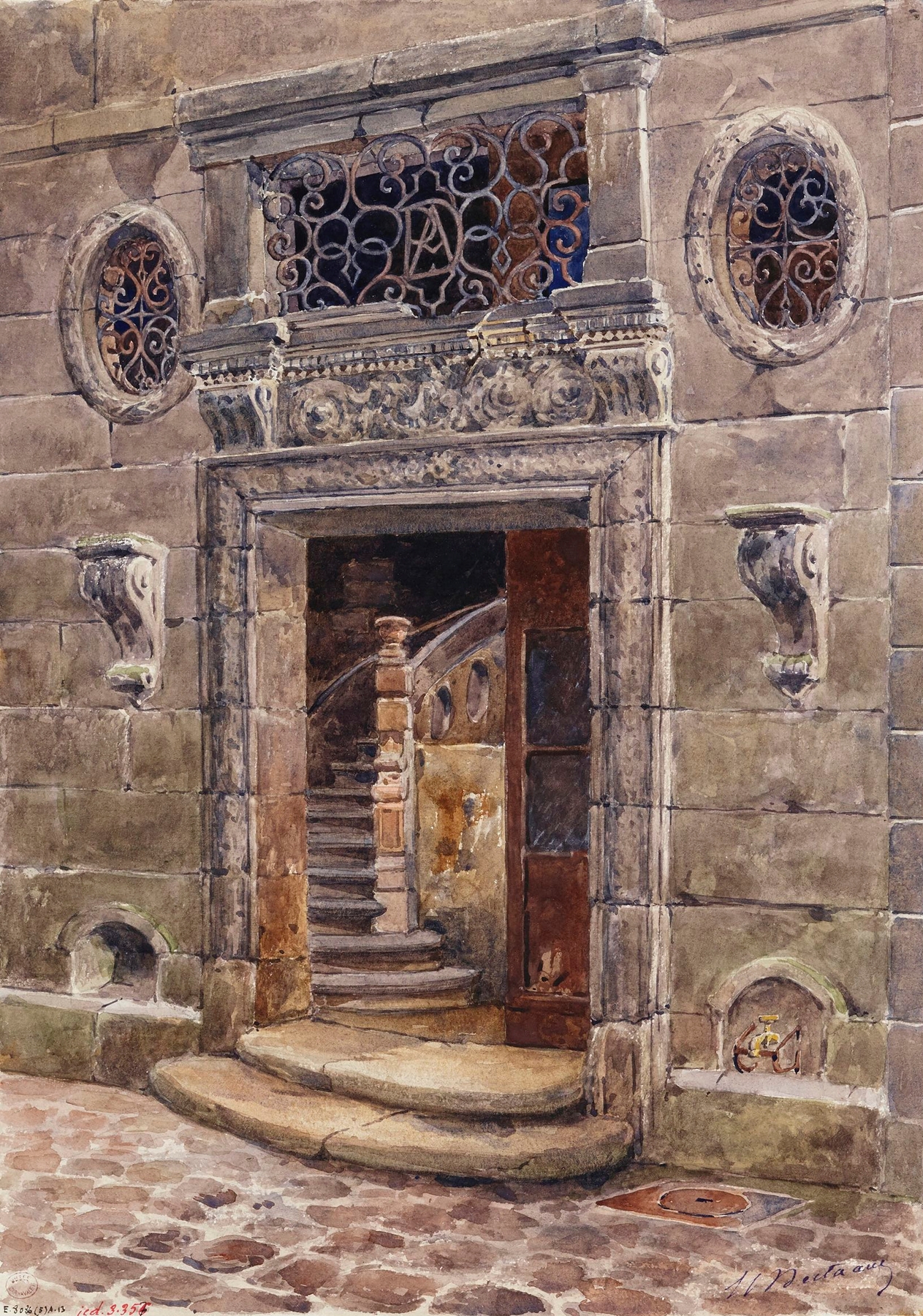 Interior view of a staircase by Henri Berthaut, oil on canvas