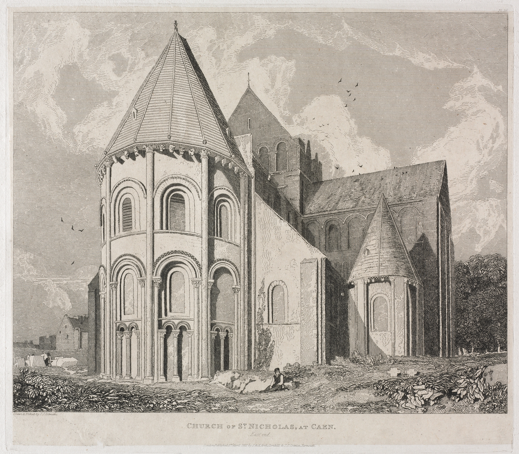 Church of St. Nicholas at Caen by John Sell Cotman, depicting a cathedral tower in soft morning light.