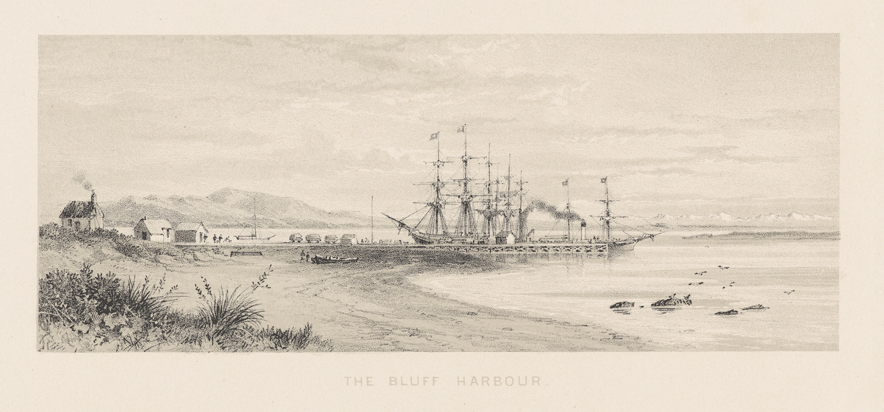 Engraving by Charles Decimus Barraud depicting a tranquil harbour at dusk with cliffs
