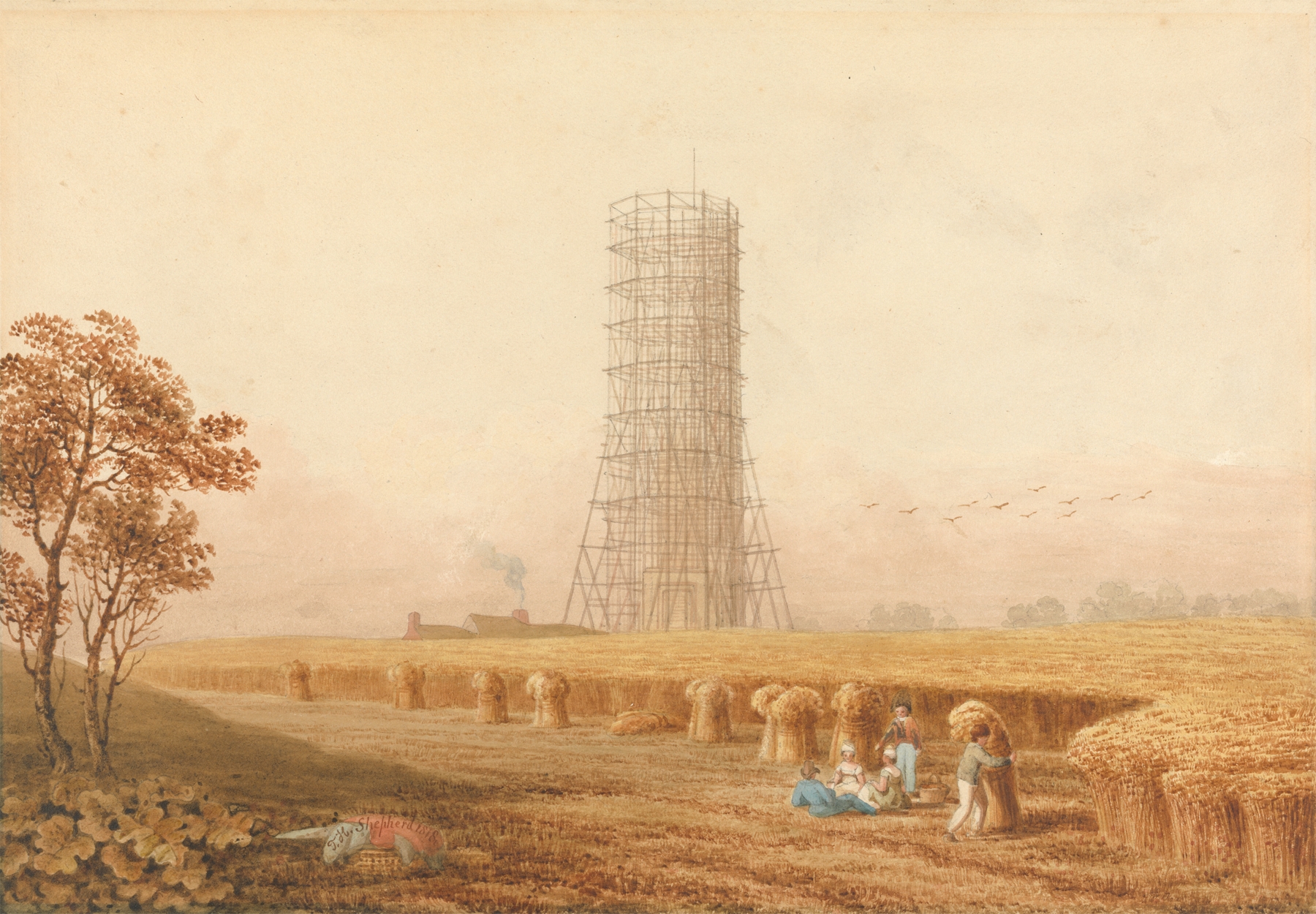 Bonaparte’s Column in scaffolding at Boulogne, France, oil painting by Thomas Hosmer Shepherd