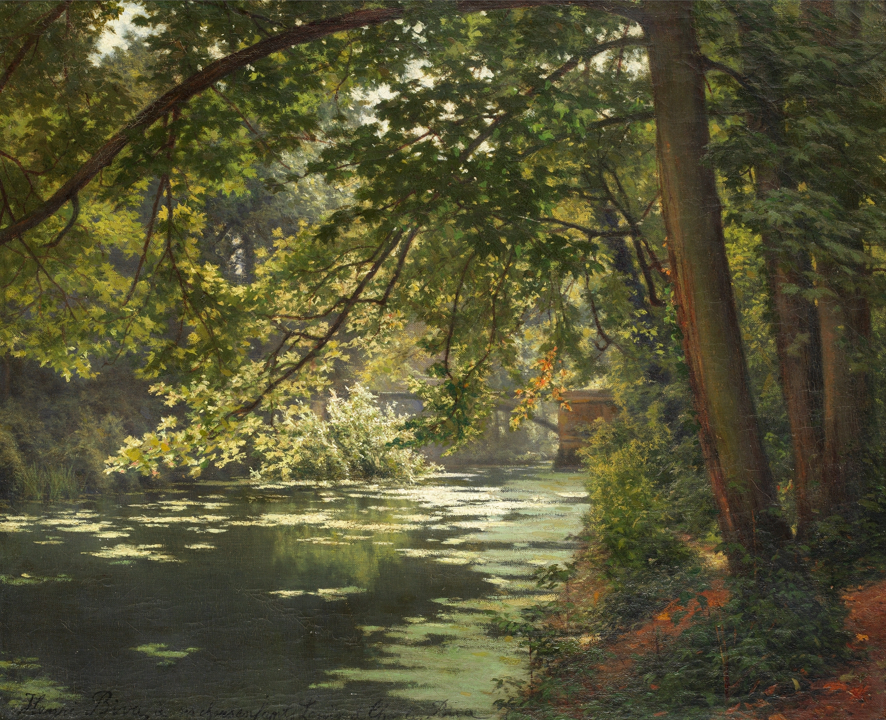 A sunlit woodland river by Henri Biva, Impressionism