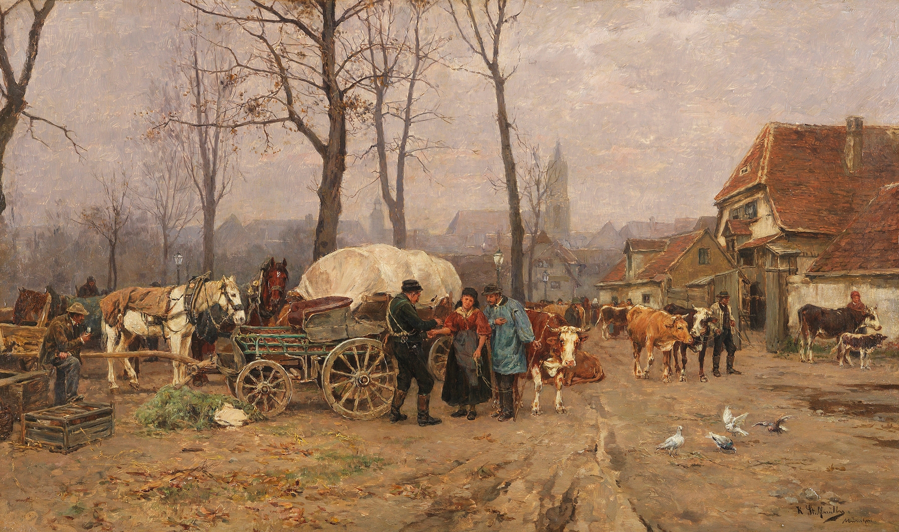 Autumn landscape oil painting by Karl Stuhlmüller featuring a market scene with cattle.