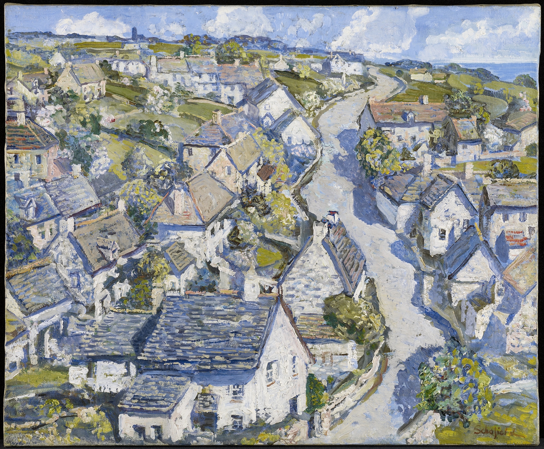 Mining Village in Cornwall, oil on canvas by Walter Elmer Schofield, depicting a village under clouds.