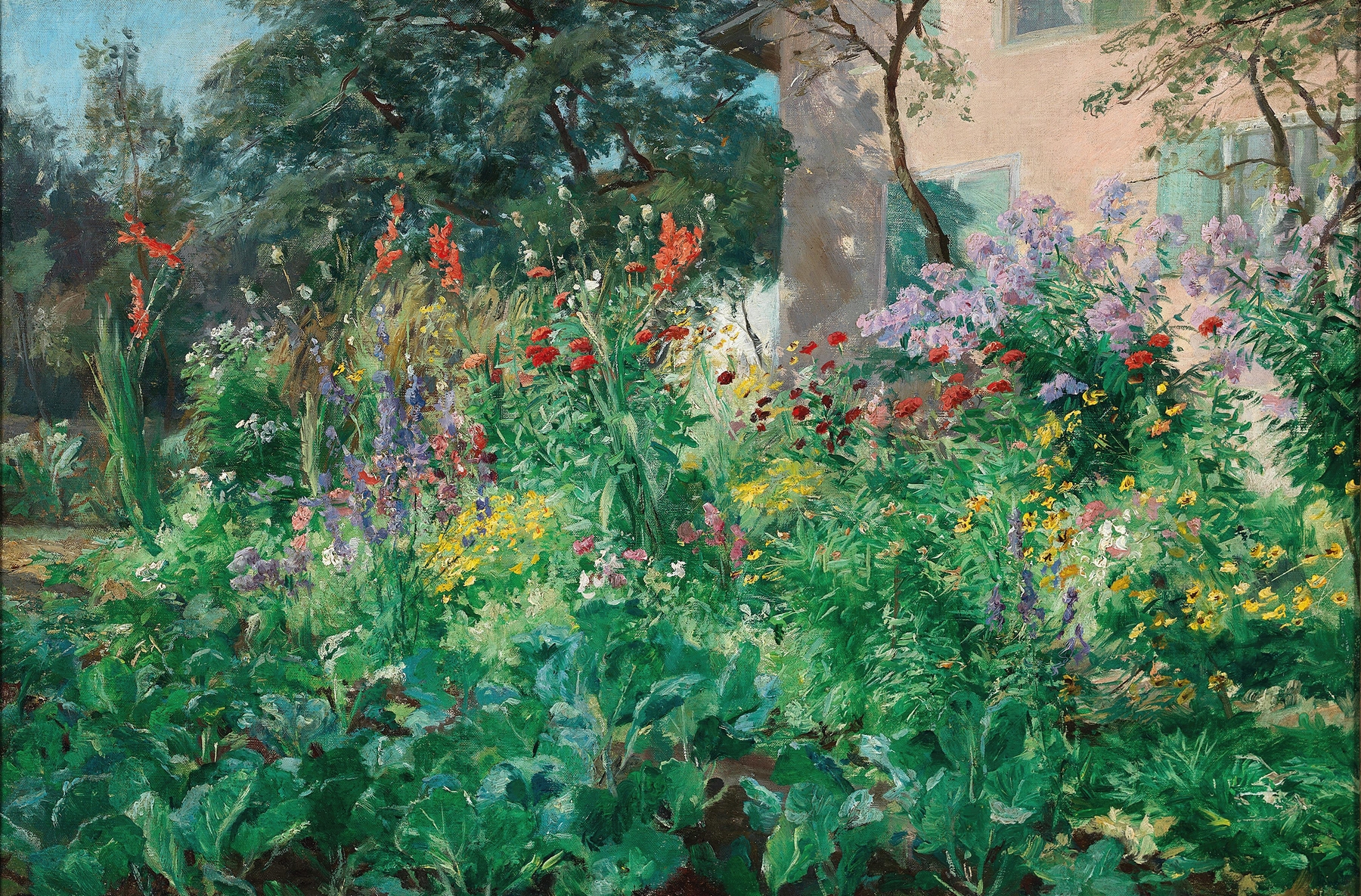 Bauerngarten by Hugo Charlemont, impressionism, depicting a vibrant garden with wildflowers.
