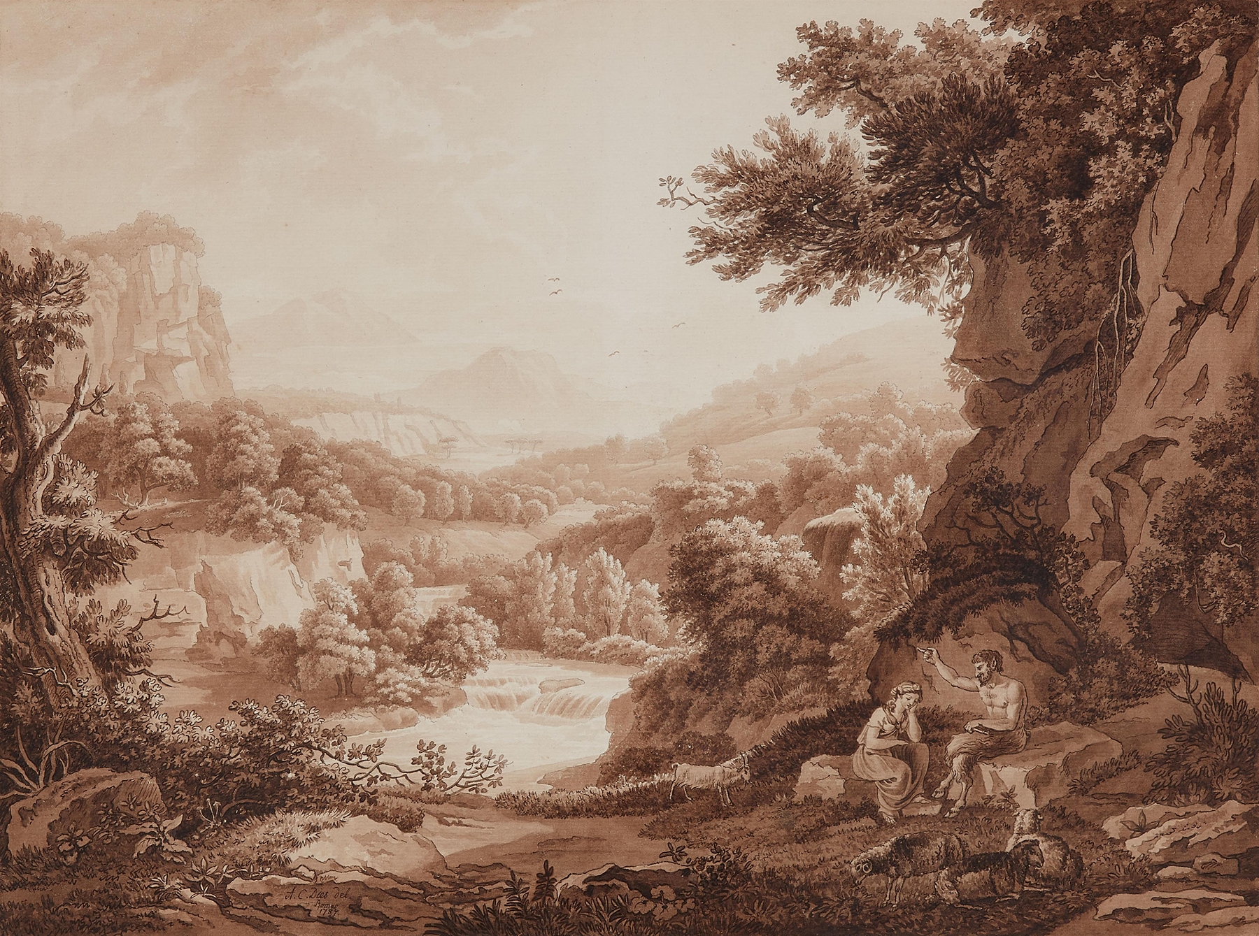 Südliche Landschaft mit Satyr und einer Schäferin, oil on canvas by Albert Christoph Dies
