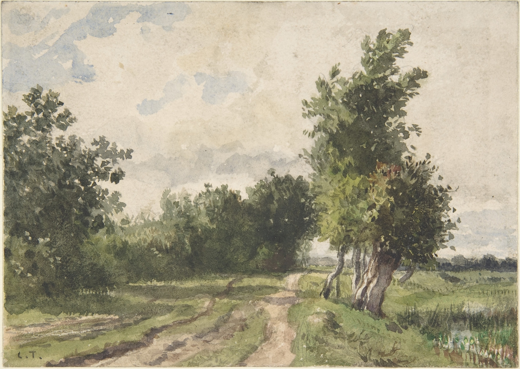 Landscape oil painting by Constant Troyon depicting lush grass and rolling hills.