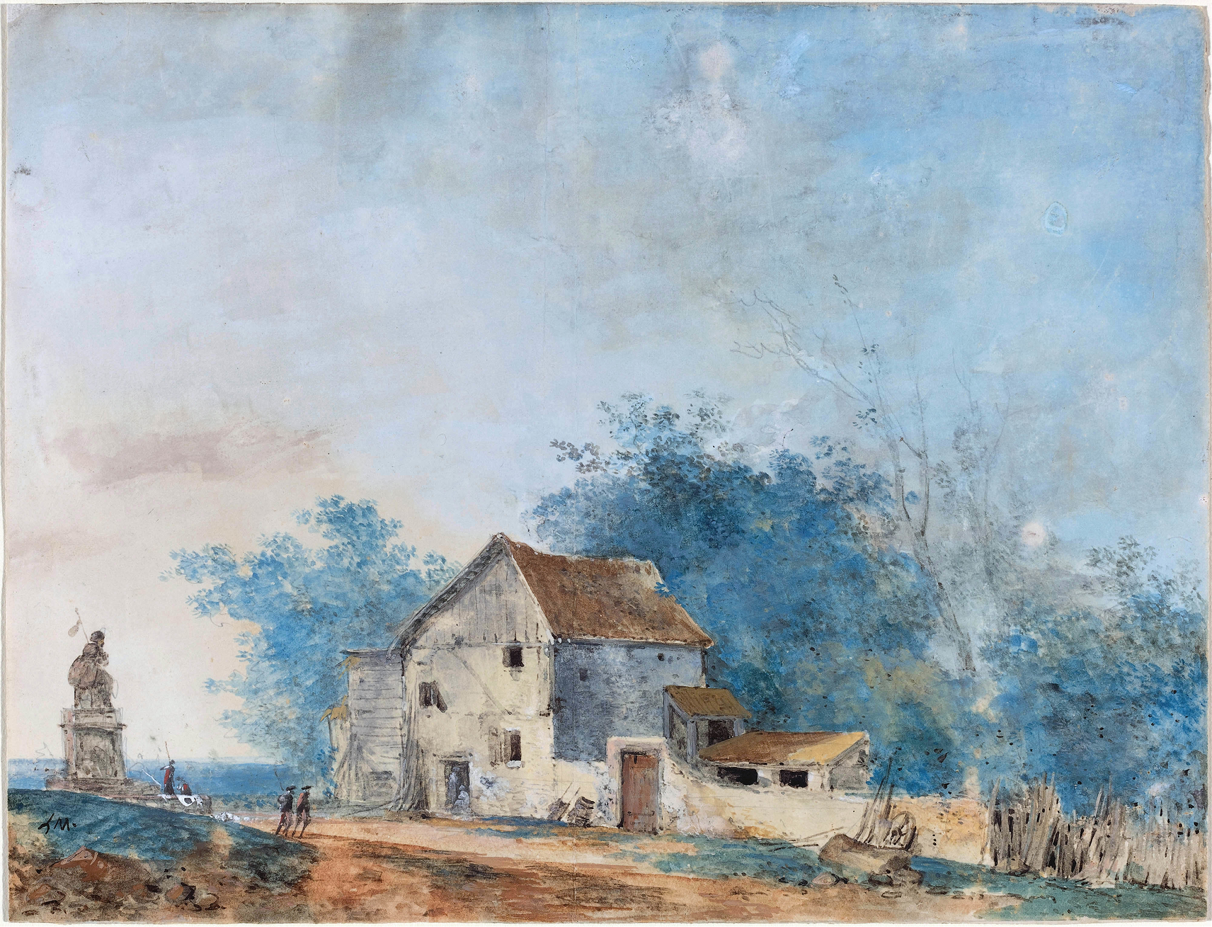 Landscape by Louis Gabriel Moreau, oil on canvas depicting tranquil hills and greenery.