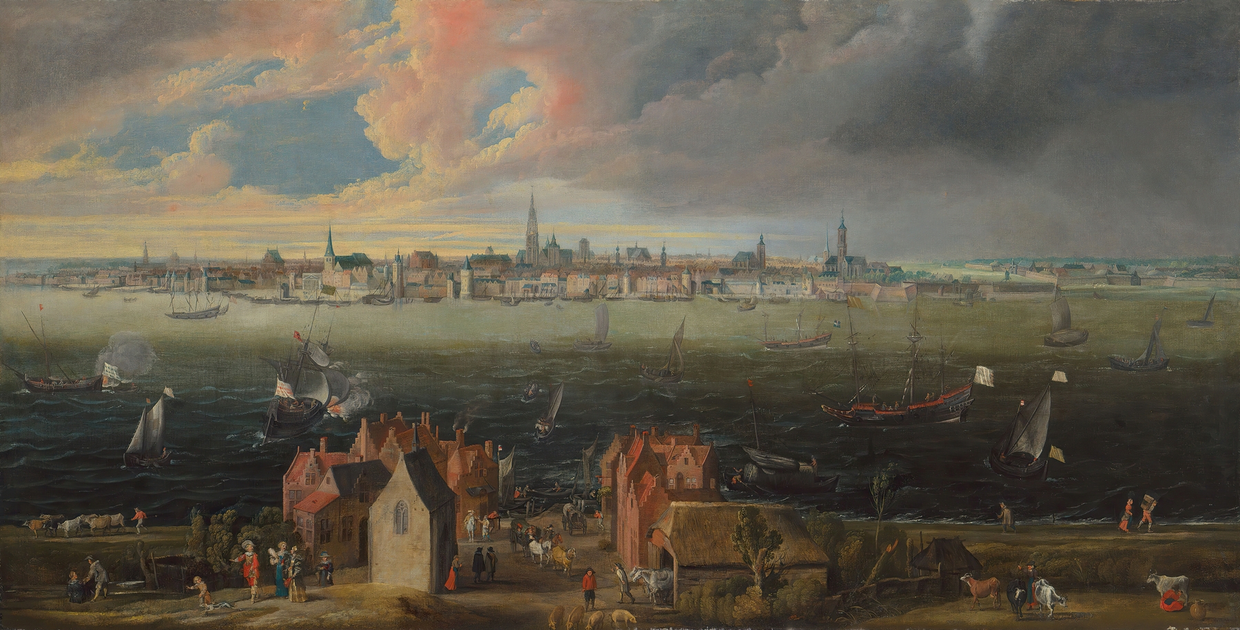 Panoramic view of Antwerp across the River Scheldt, oil on canvas by Jan Wildens