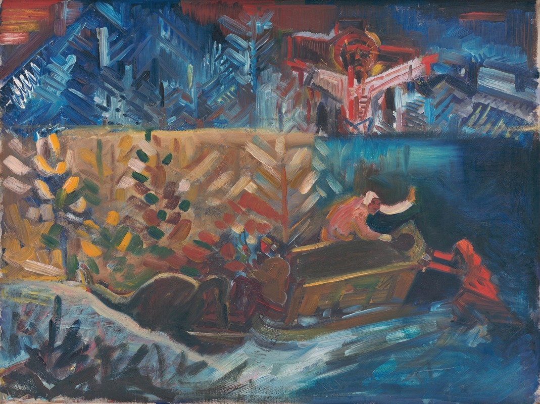 A painting depicting a scene of a person carrying a sick individual.