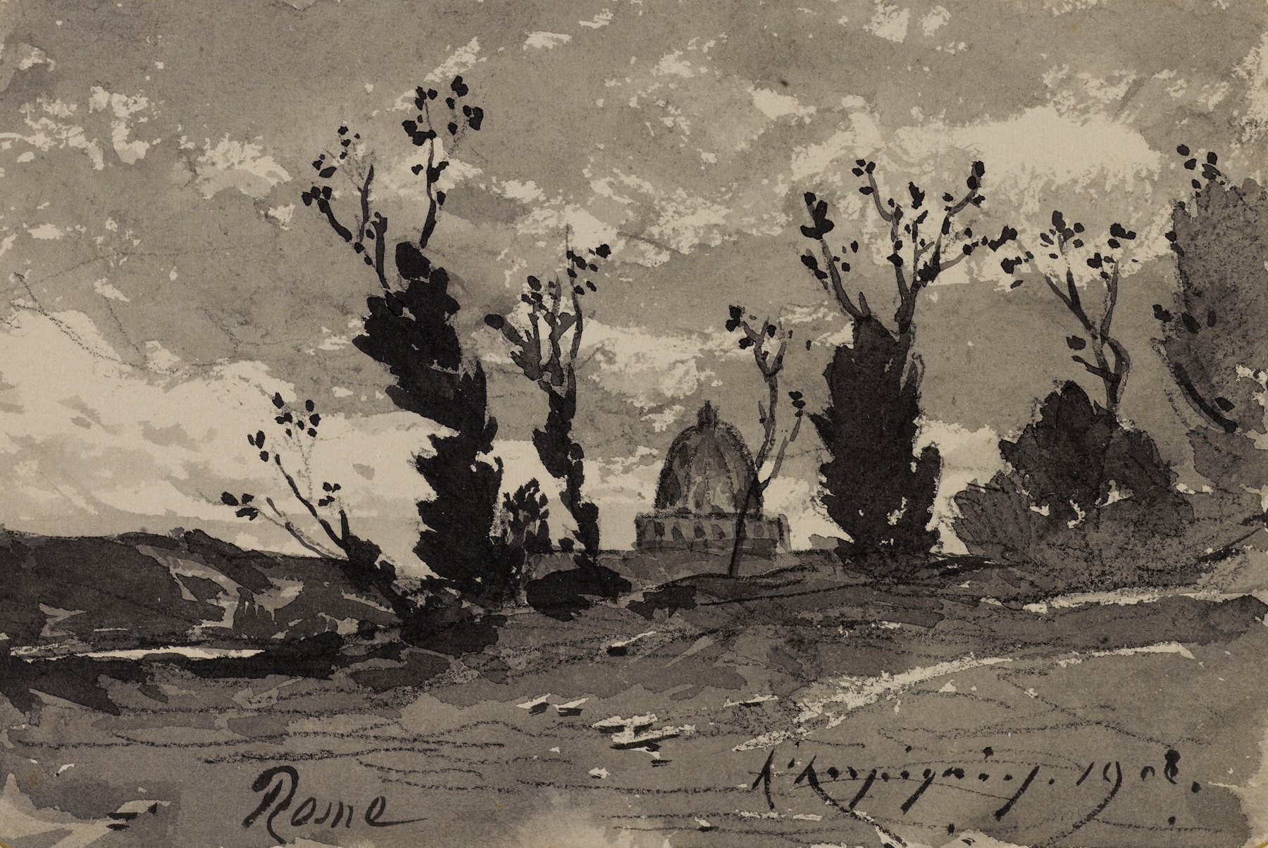 Oil on canvas by Henri-Joseph Harpignies depicting rolling hills and a tranquil sky.