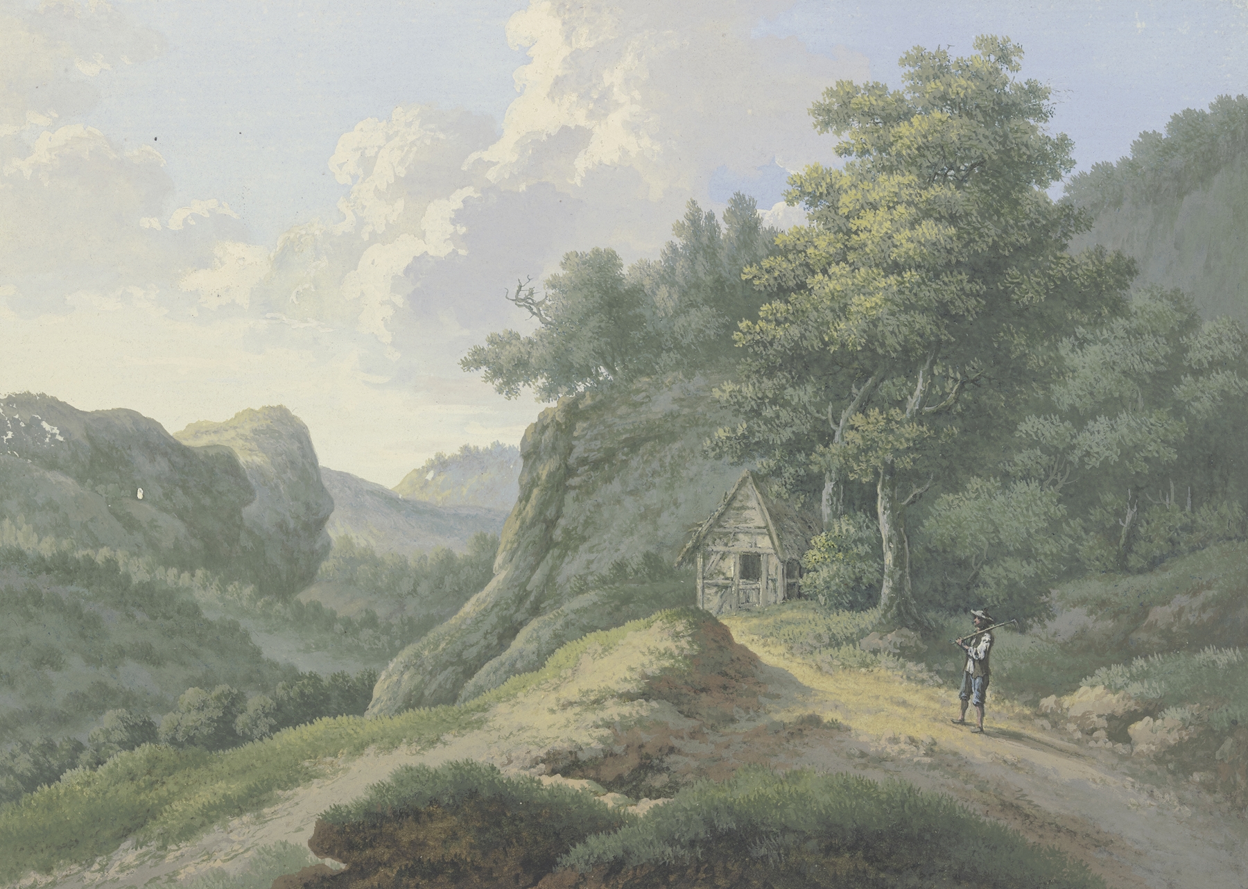 Landscape oil painting by Karl Franz Kraul featuring mountains and a valley.