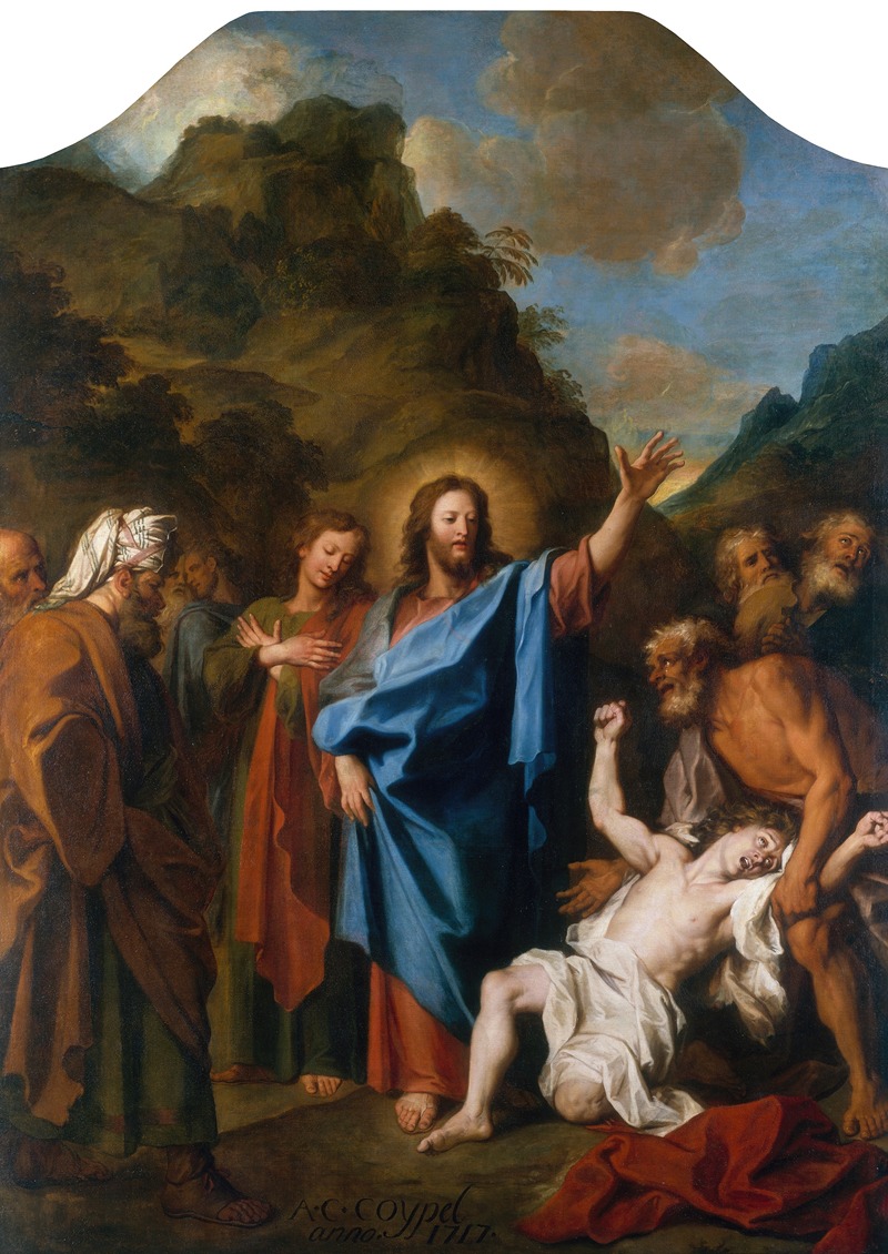 A dramatic scene of Christ healing a possessed man, showcasing intense emotions.