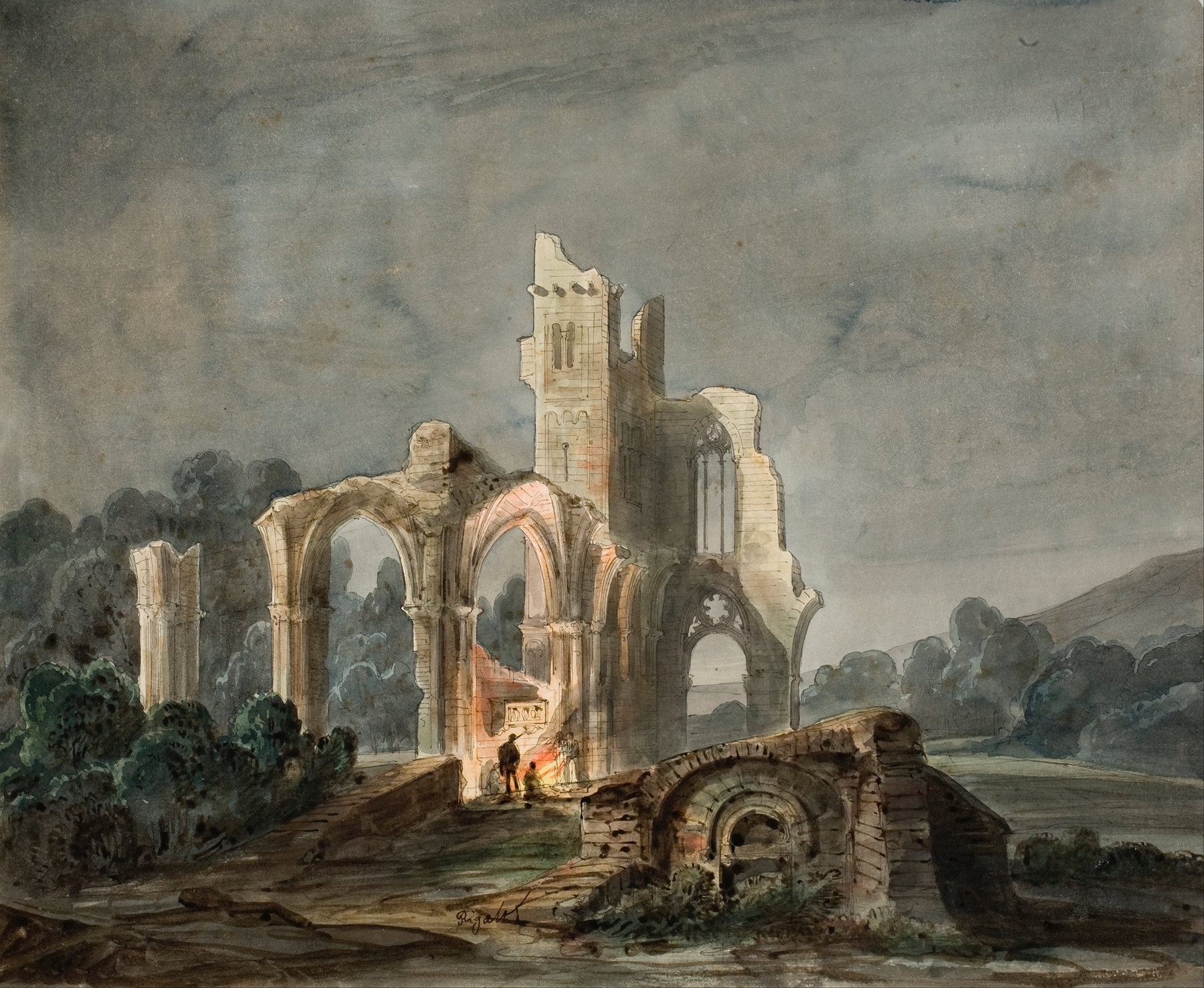 Night landscape with gothic ruins against an indigo sky by Lluís Rigalt, oil painting