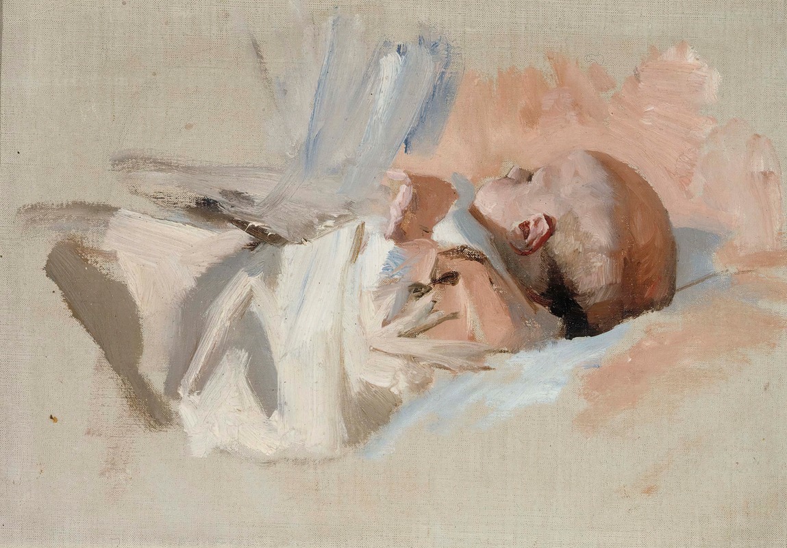 This artwork is a sketch by Albert Edelfelt depicting a child on Christmas morning.